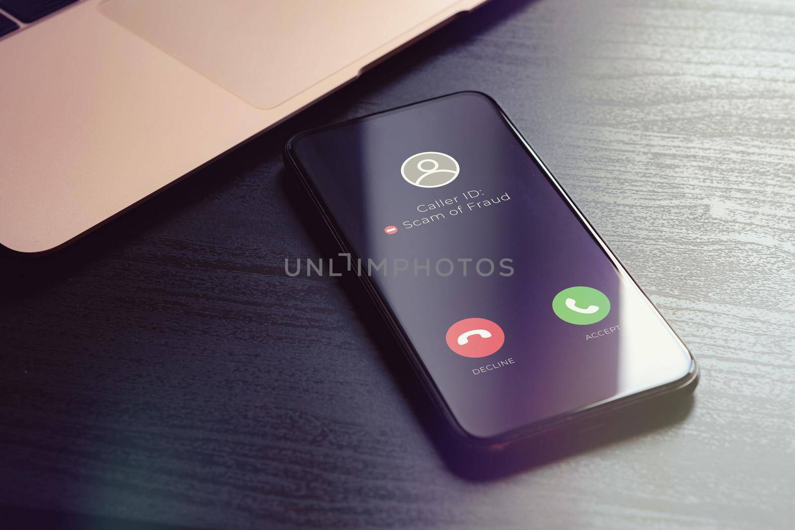Scam fishing phone call from unknown number that was identified by a security anti-scam app as alert and fraudulent. Block Scam and Unwanted Calls concept by bestforbest