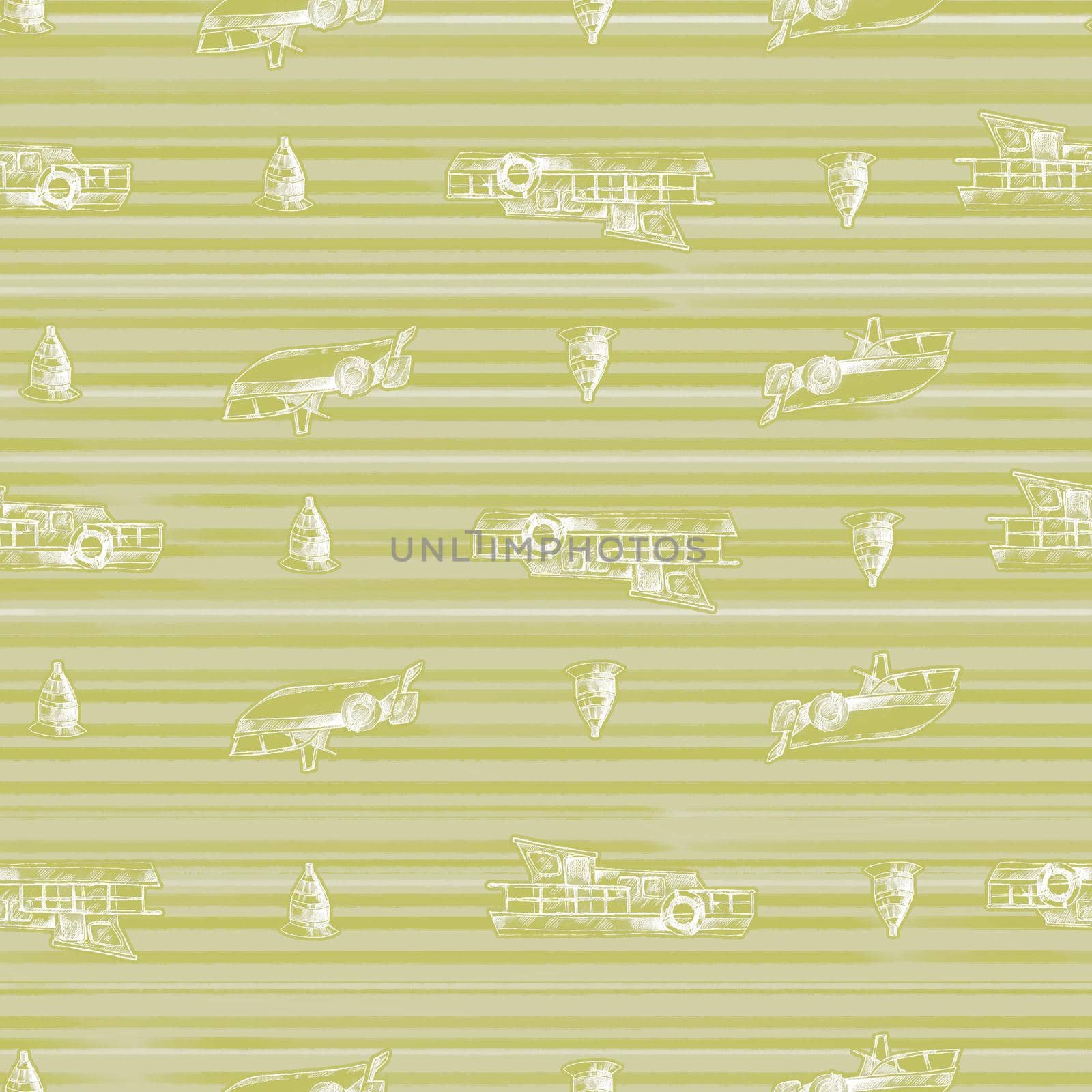 Sailboats with stripes hand drawn seamless pattern in nautical style by fireFLYart