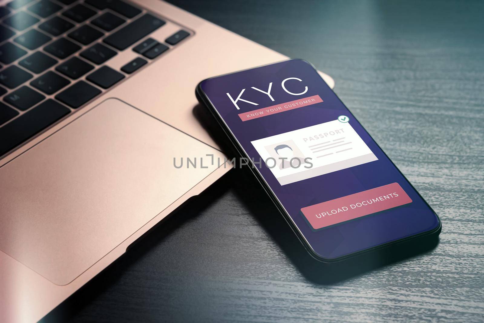 Know your client - KYC form on mobile phone. Application form for uploading documents for client identity and verification. Electronic eKYC fraud risks management, AML anti-money laundering concept.