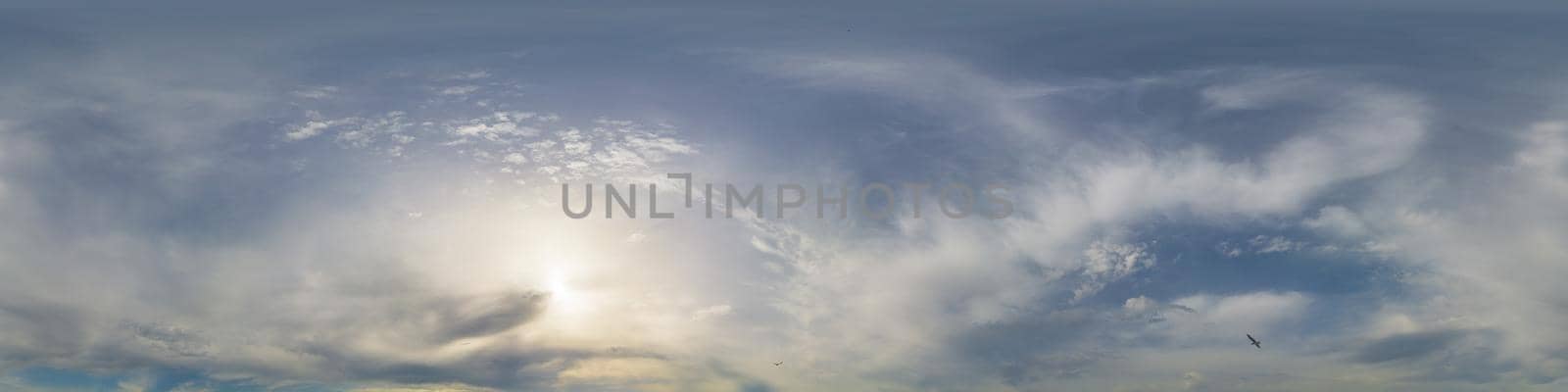Sky panorama with Cirrus clouds in Seamless spherical equirectangular format. Full zenith for use in 3D graphics, game and editing aerial drone 360 degree panoramas for sky replacement