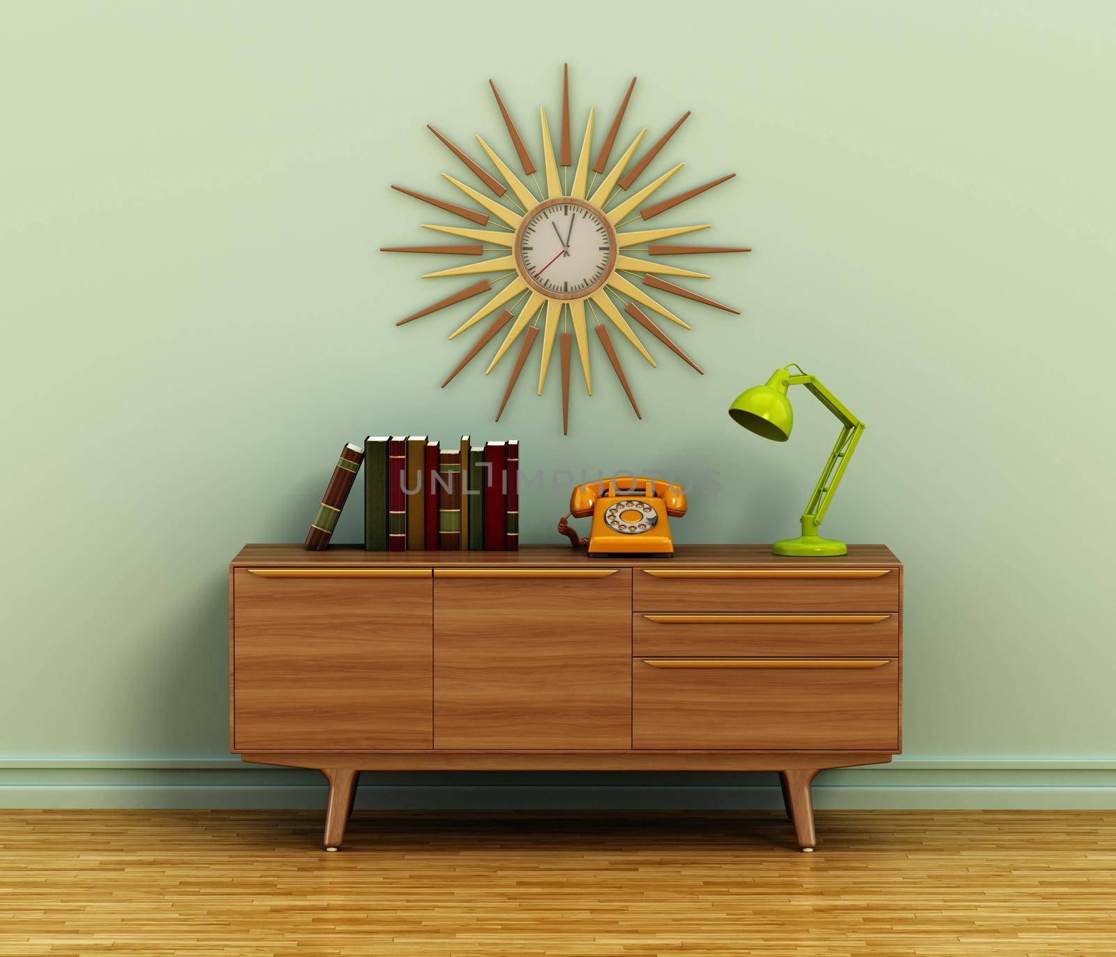 Dial phone, books and desk lamp on vintage style buffet table. 3D illustration.