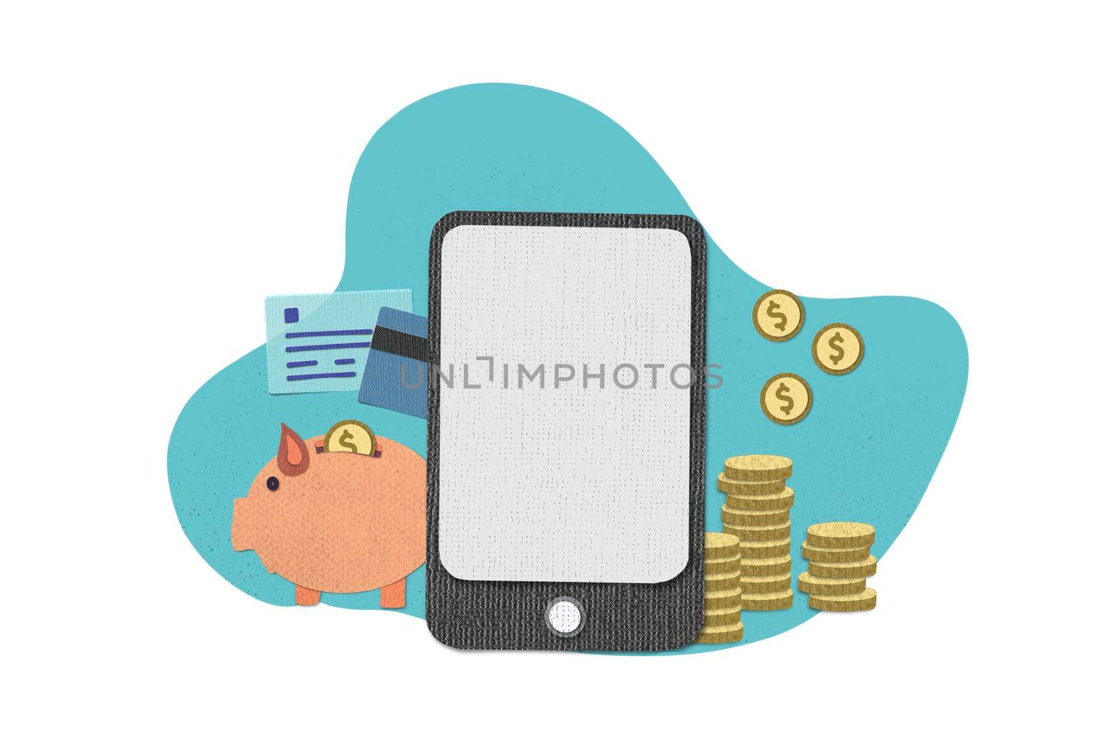 Paper cut texture of smartphones with coin. Online banking or payment service. Deposit replenishment and saving money and financial investment concept.