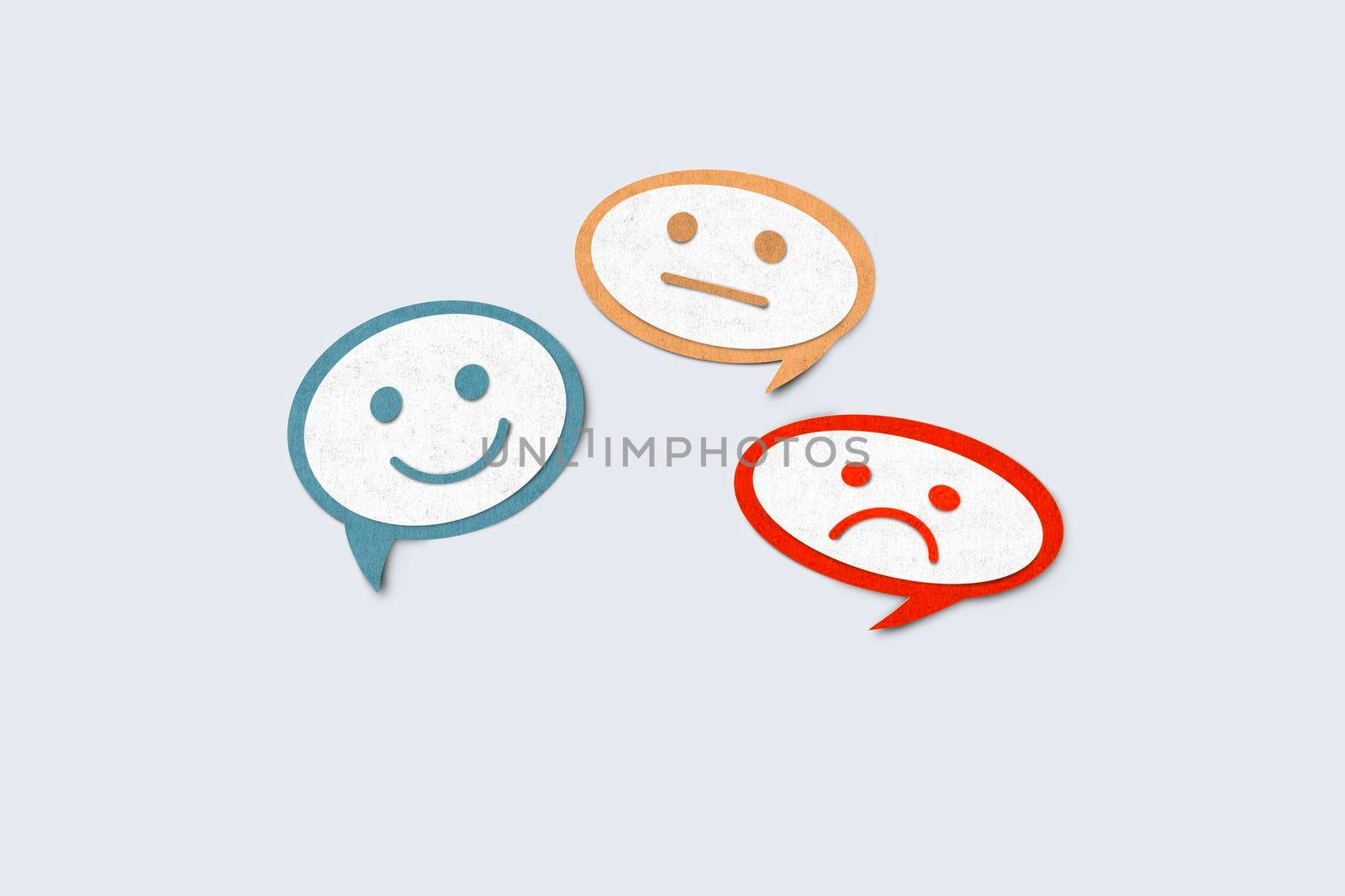 Paper cut texture set of emoji emoticons in speech bar with sad and happy mood. Increase rating, Customer experience, Satisfaction and best excellent services rating. by Suwant