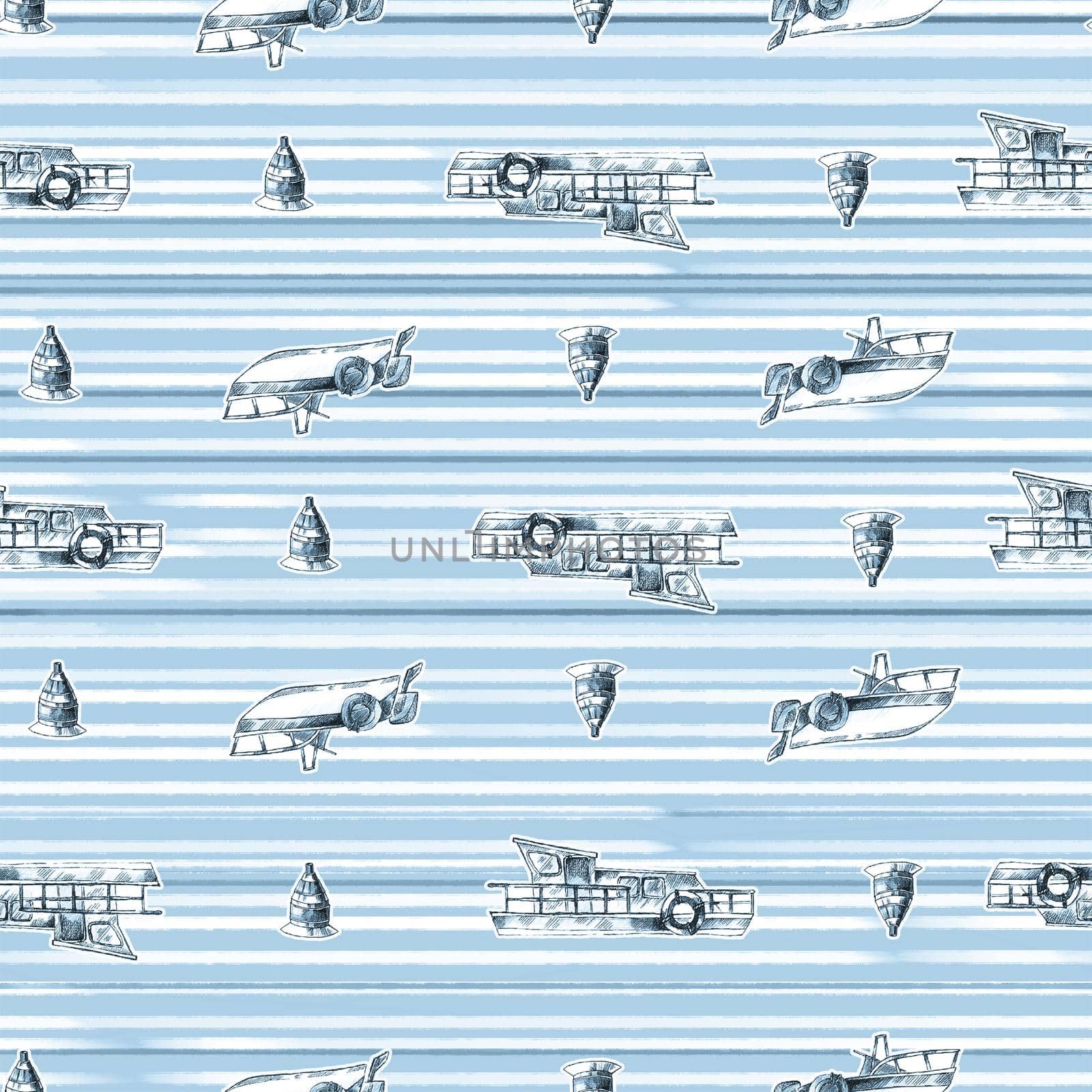 Sailboats with stripes hand drawn seamless pattern in nautical style by fireFLYart