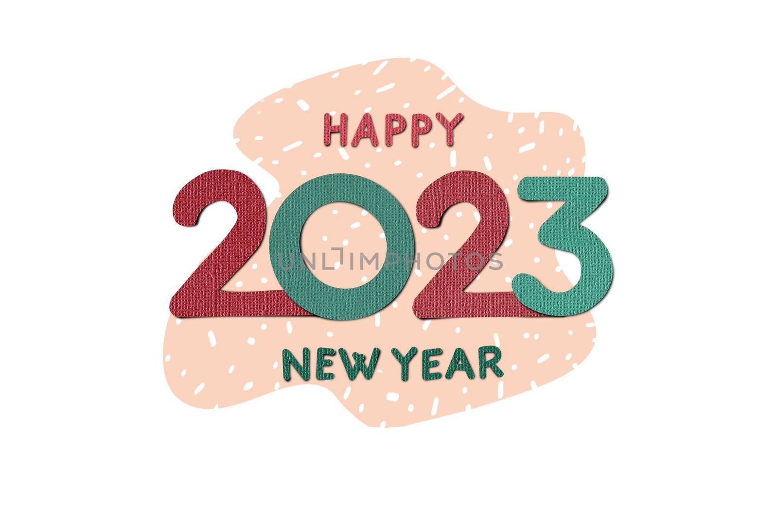 Paper cut style of Logo design 2023 Happy New Year trend text design. For banner, web, social network, cover and calendar. Flag sign 2023 isolated on white. by Suwant