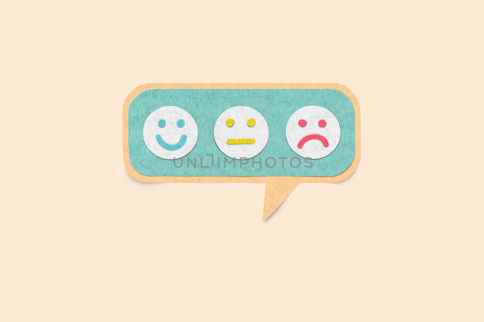 Paper cut texture set of emoji emoticons in speech bar with sad and happy mood. Increase rating, Customer experience, Satisfaction and best excellent services rating. by Suwant