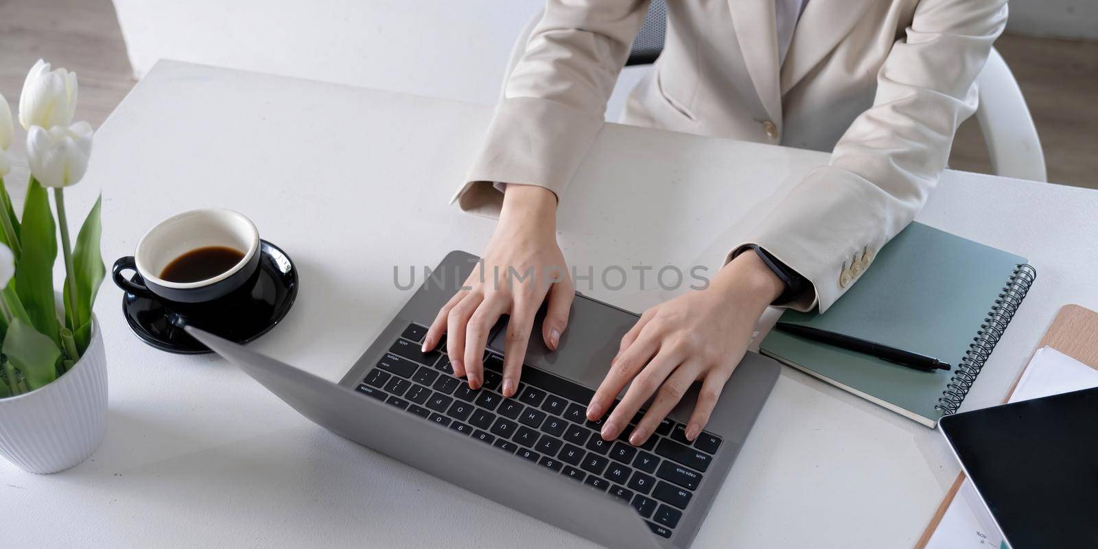 Female hands working on modern laptop. Office desktop on white background.