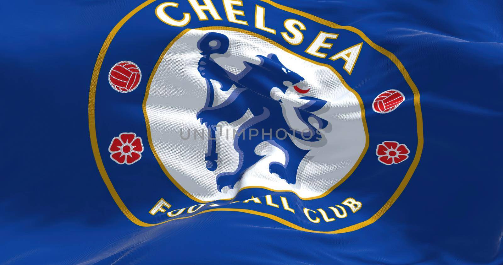 London, UK, May 2022: The flag of Chelsea Football Club waving in the wind. Chelsea F.C. is a professional football club based in Fulham, London