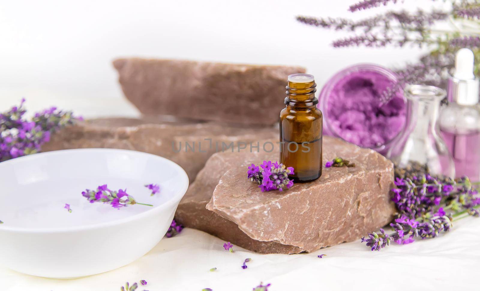 Spa cosmetics with lavender extract. Selective focus. Spa.