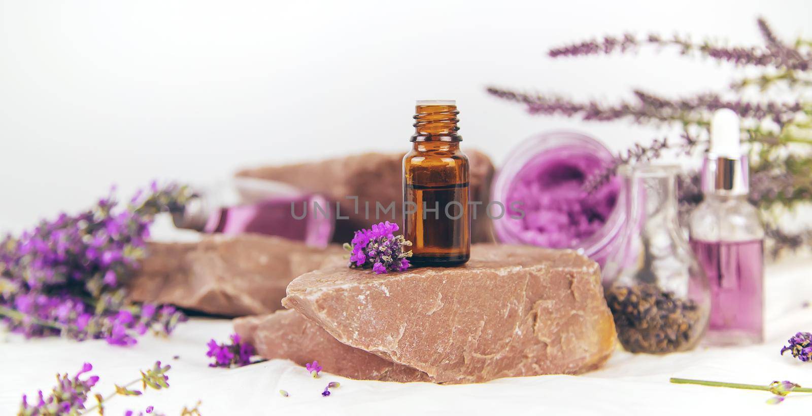 Spa cosmetics with lavender extract. Selective focus. Spa.