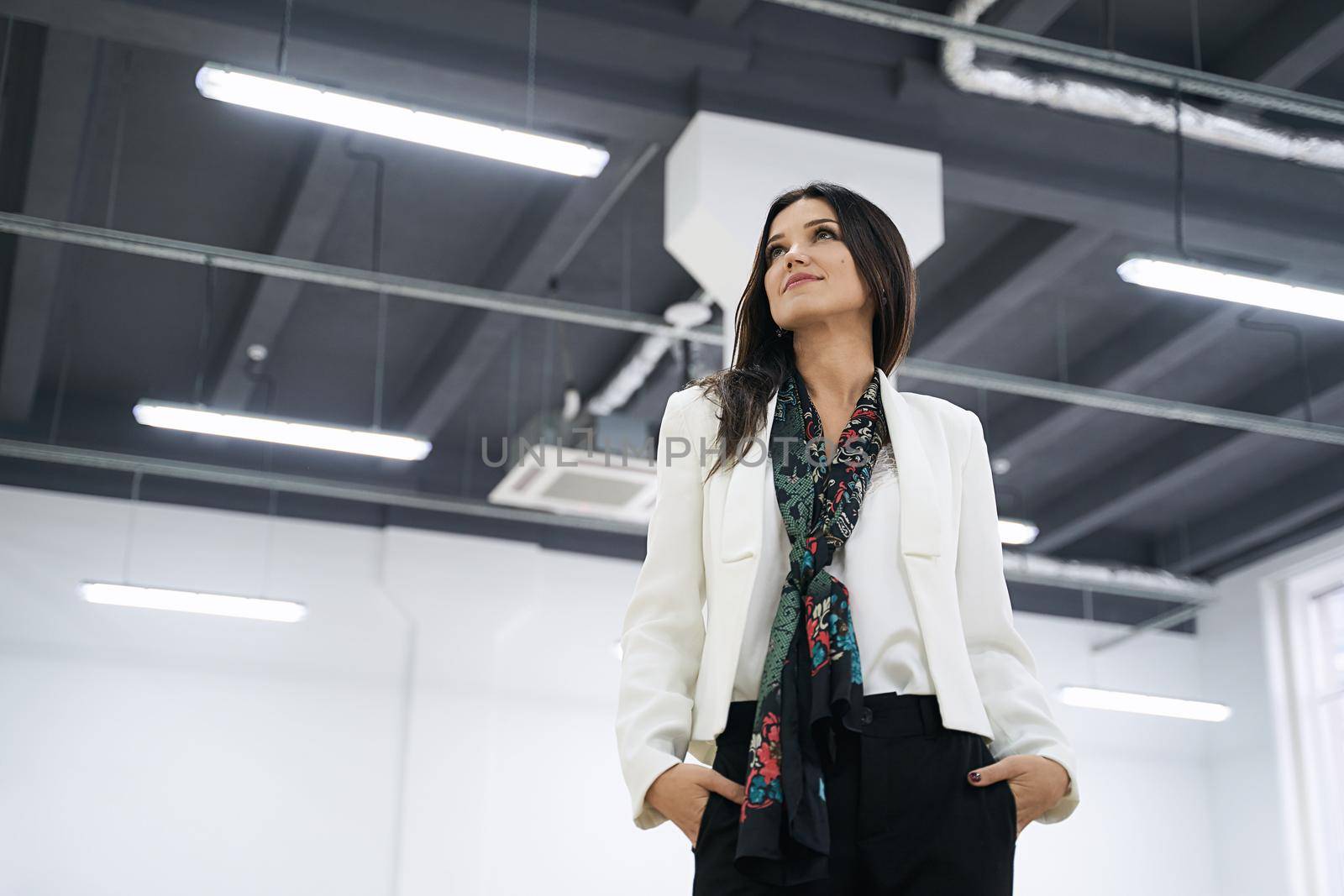 Confident caucasian professional woman achieving business success in modern office. Low angle shot.