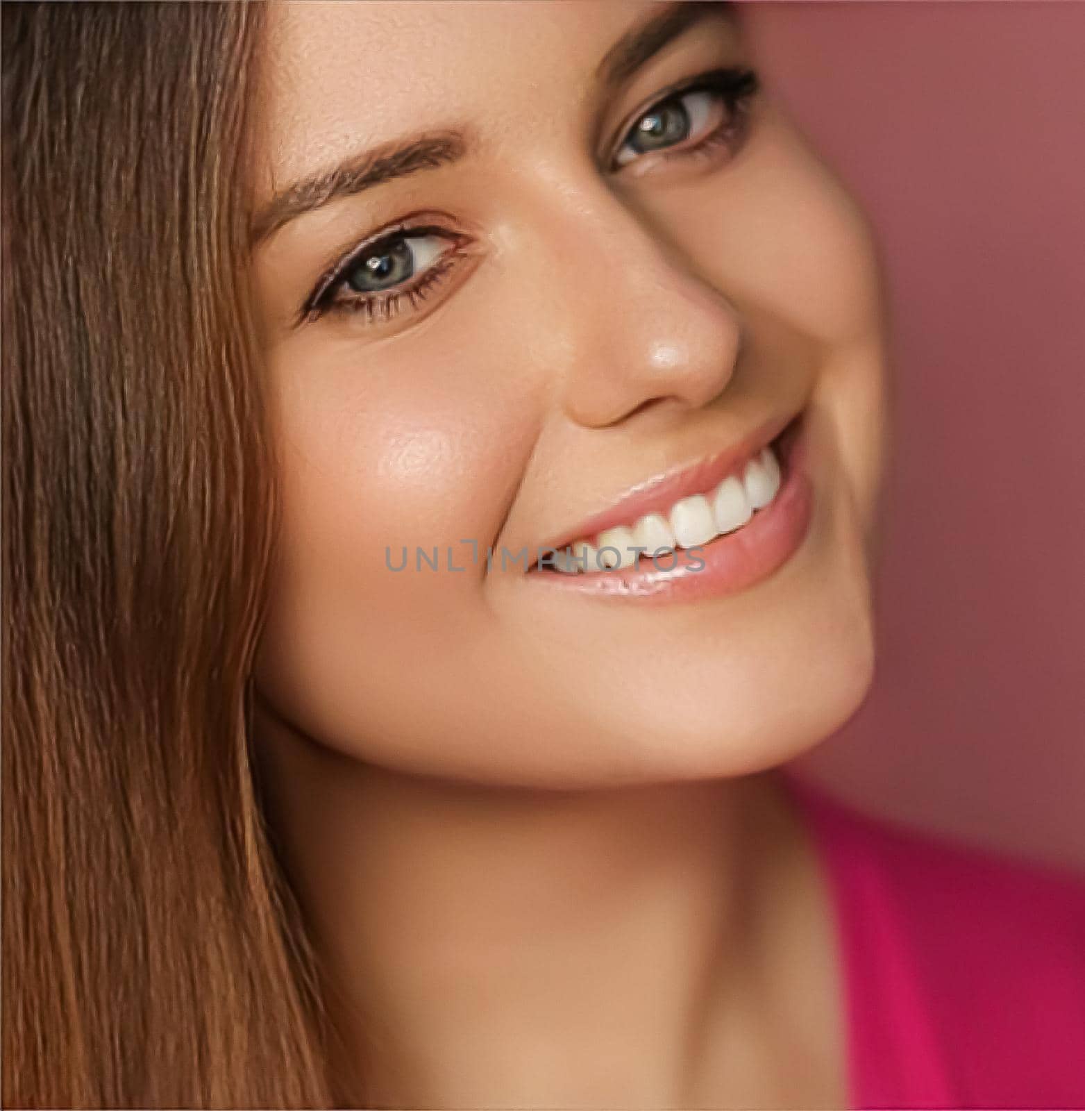 Beauty, makeup and skincare cosmetics model face portrait on pink background, smiling woman with natural makeup, perfect healthy teeth, dental care by Anneleven