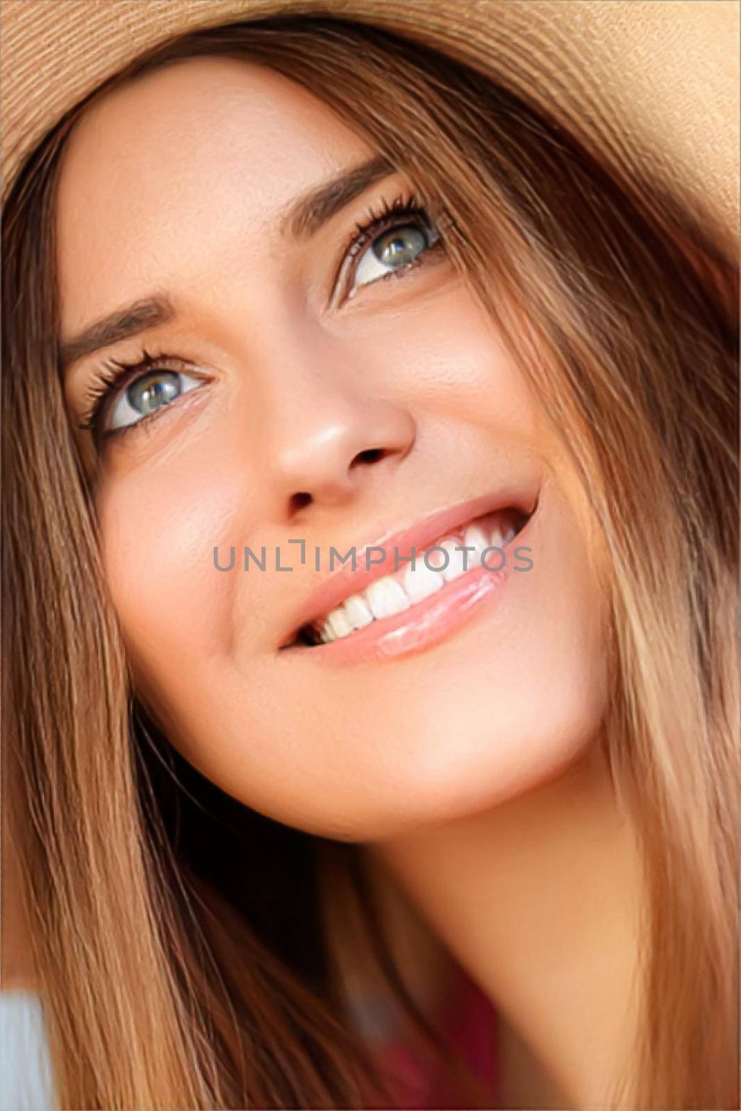 Fashion, travel and beauty face portrait of young woman, happy smiling model wearing beach sun hat in summer, head accessory and style concept