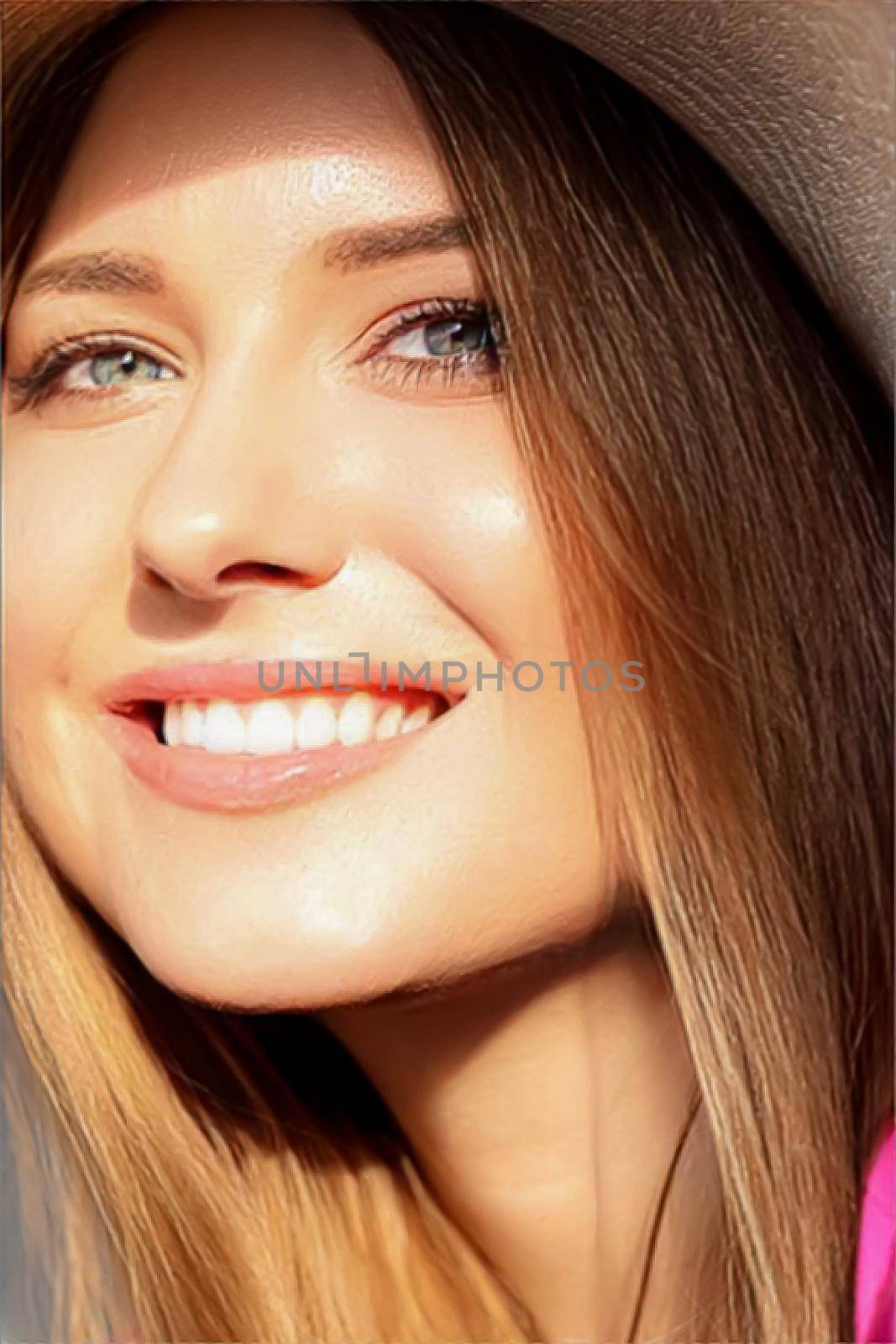 Fashion, travel and beauty face portrait of young woman, happy smiling model wearing beach sun hat in summer, head accessory and style concept