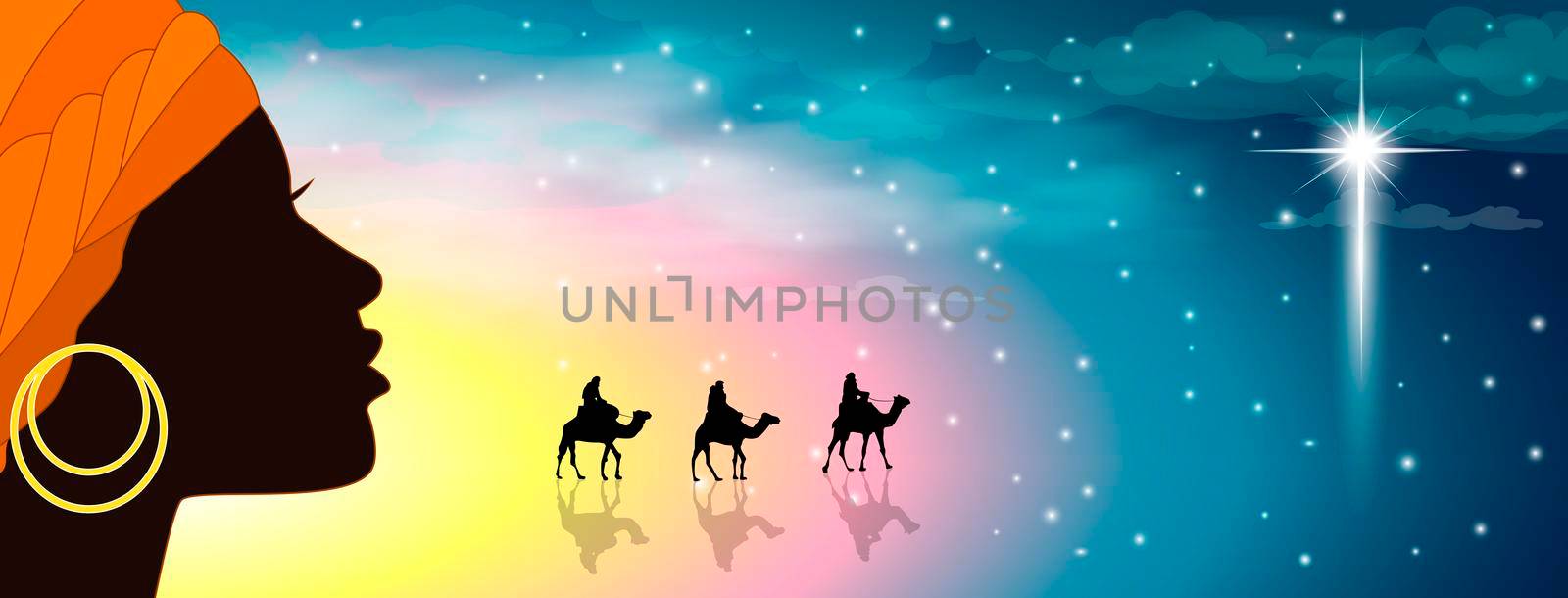Silhouette of a young woman and a caravan of camels against the background of a starry sky and a shining star.