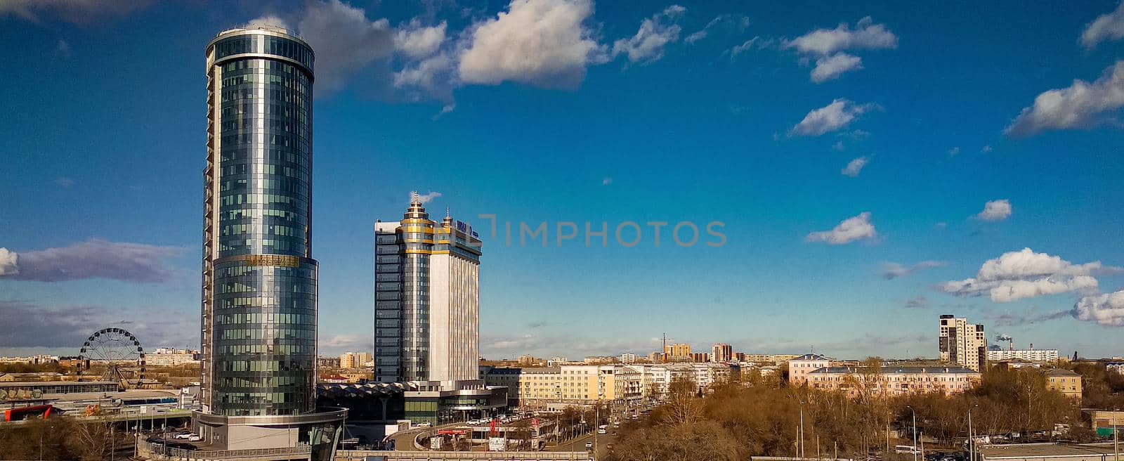 Panorama of the city with two high-rise buildings