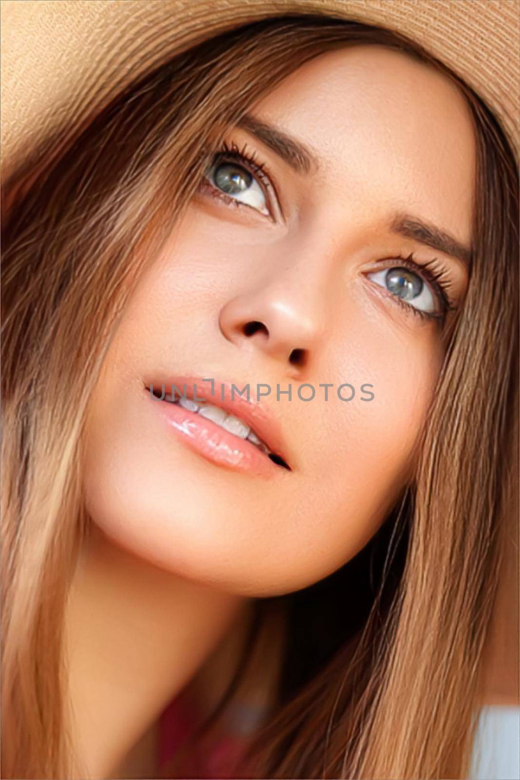 Fashion, travel and beauty face portrait of young woman, beautiful model wearing beach sun hat in summer, head accessory and style concept