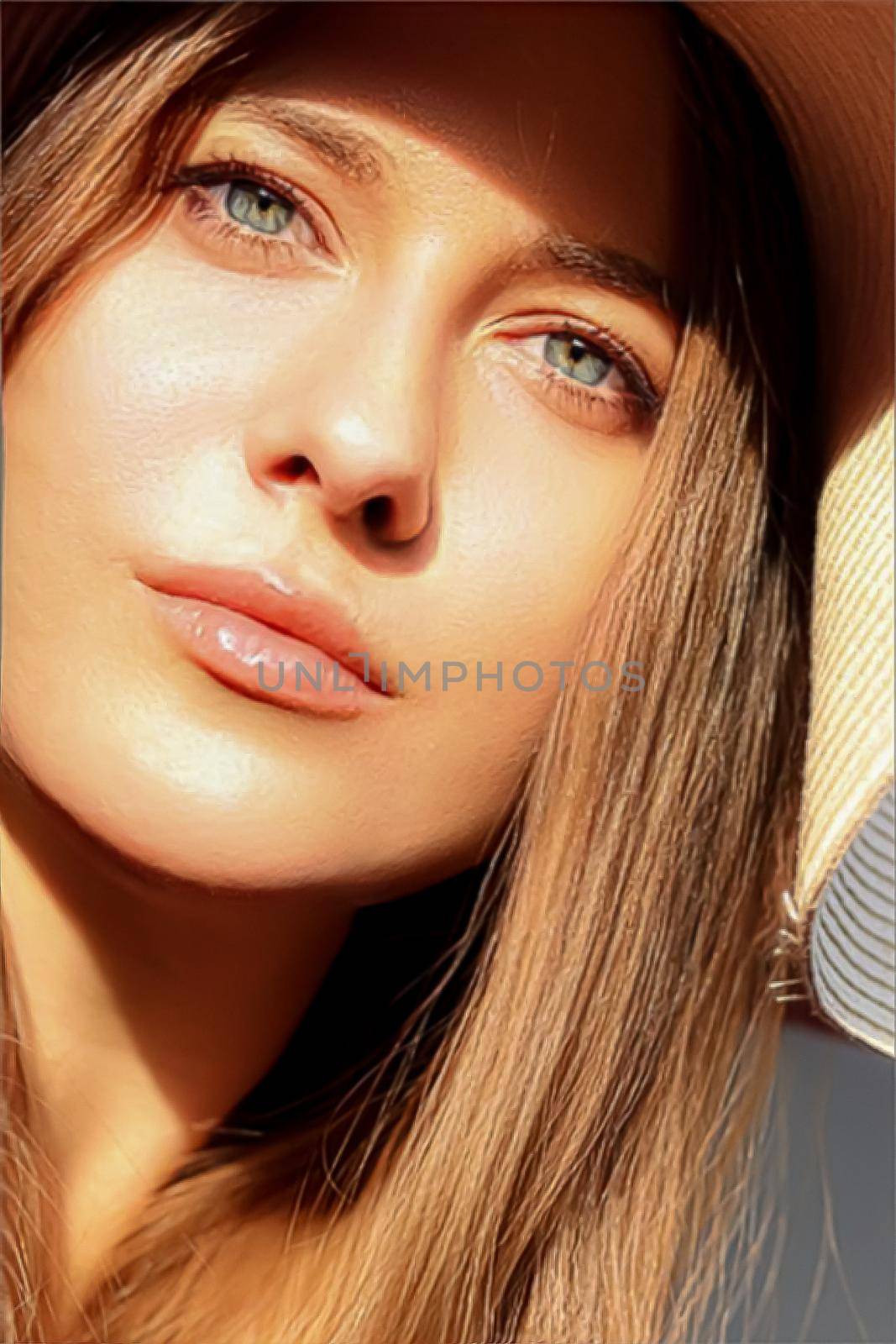Fashion, travel and beauty face portrait of young woman, beautiful model wearing beach sun hat in summer, head accessory and style concept