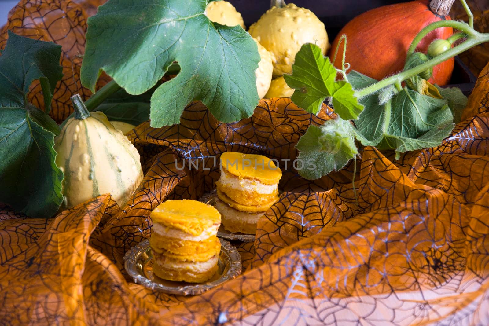 mini pumpkin cheesecakes on pumpkin background, autumn, orange color food, halloween, High quality photo