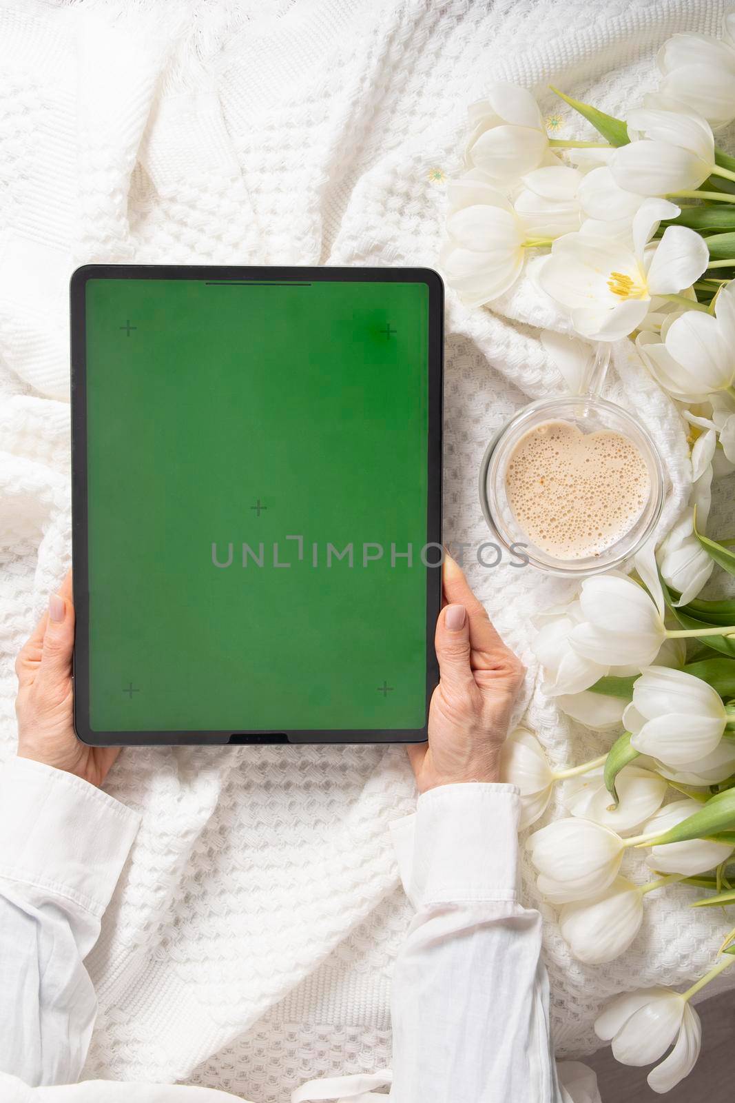 green screen tablet, young woman looking for mother's day gift online, tulips by KaterinaDalemans