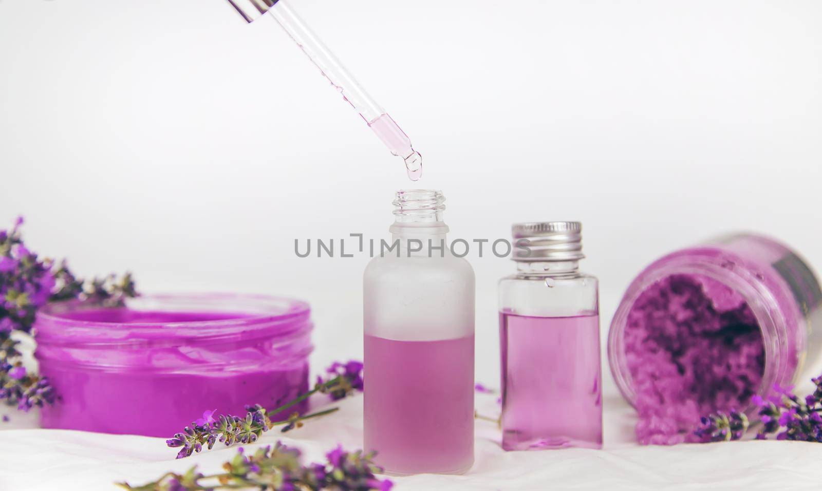 Spa cosmetics with lavender extract. Selective focus. Spa.