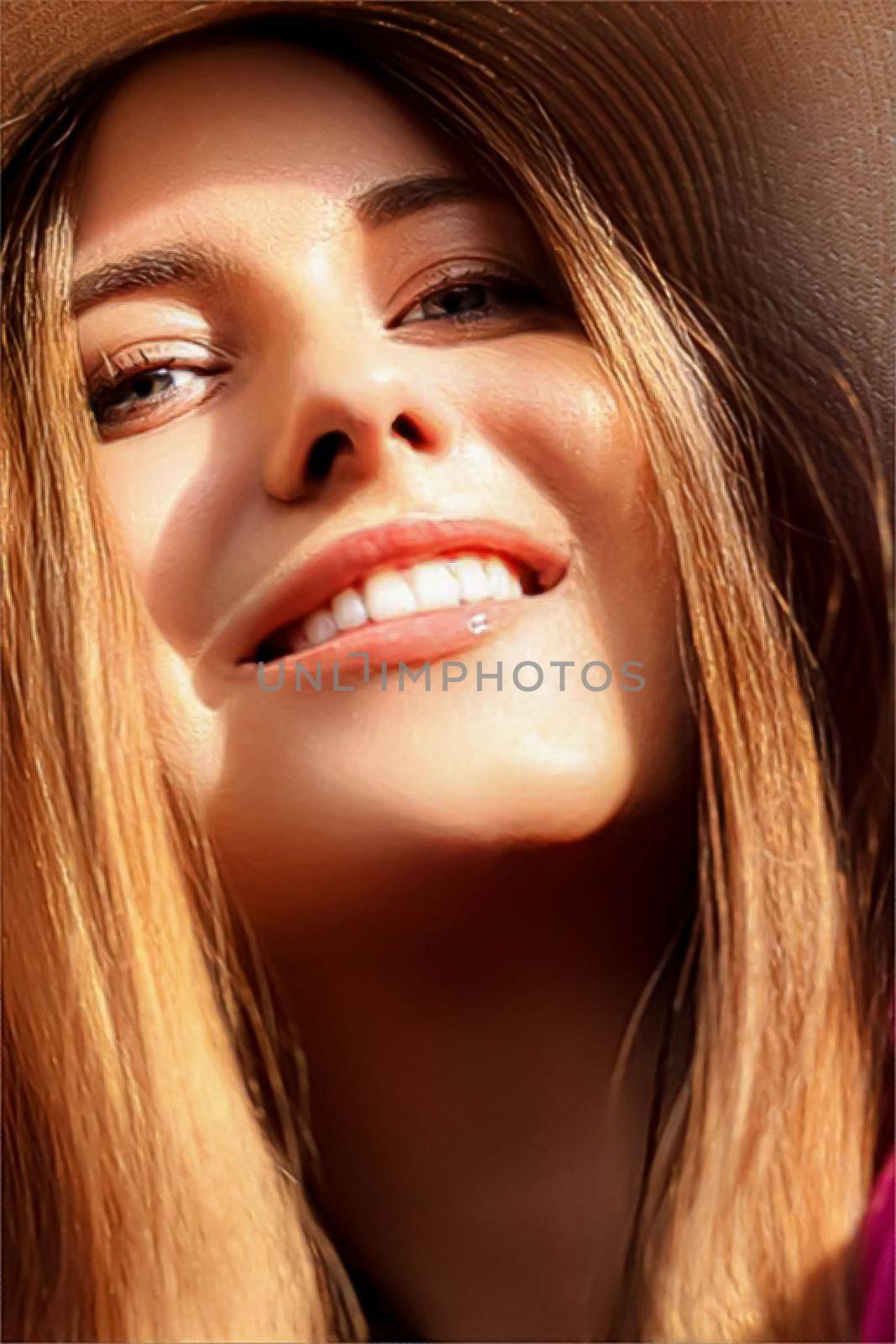 Fashion, travel and beauty face portrait of young woman, happy smiling model wearing beach sun hat in summer, head accessory and style concept