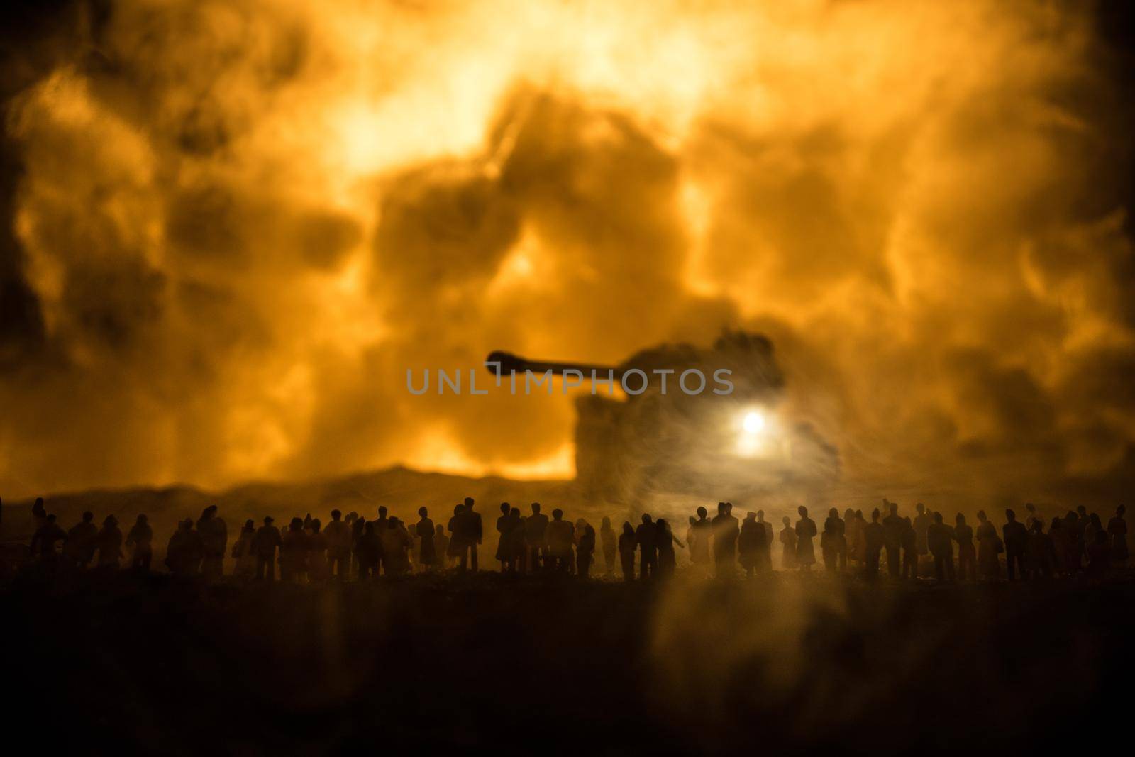 Creative artwork decoration - Russian war in Ukraine concept. Crowd looking on giant explosion and attacking armored vehicles. Selective focus