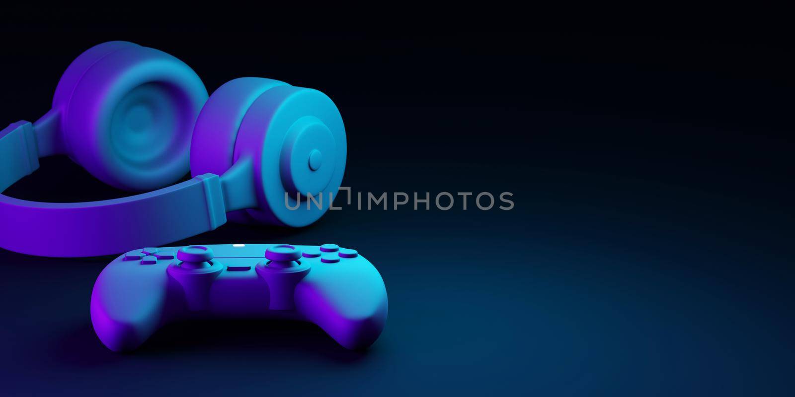 Gamepad and headphones with copy space 3D render
