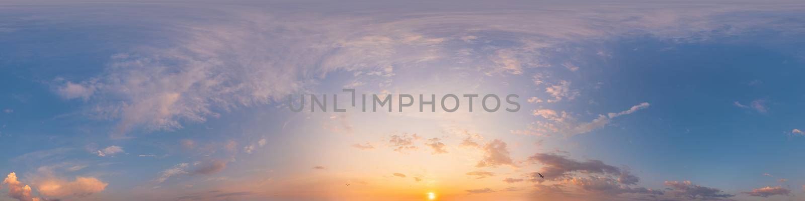 Dark blue sunset sky panorama with pink Cumulus clouds. Seamless hdr 360 pano in spherical equirectangular format.