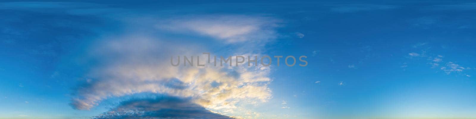 Sky panorama with Cirrus clouds in Seamless spherical equirectangular format. Full zenith for use in 3D graphics, game and editing aerial drone 360 degree panoramas for sky replacement