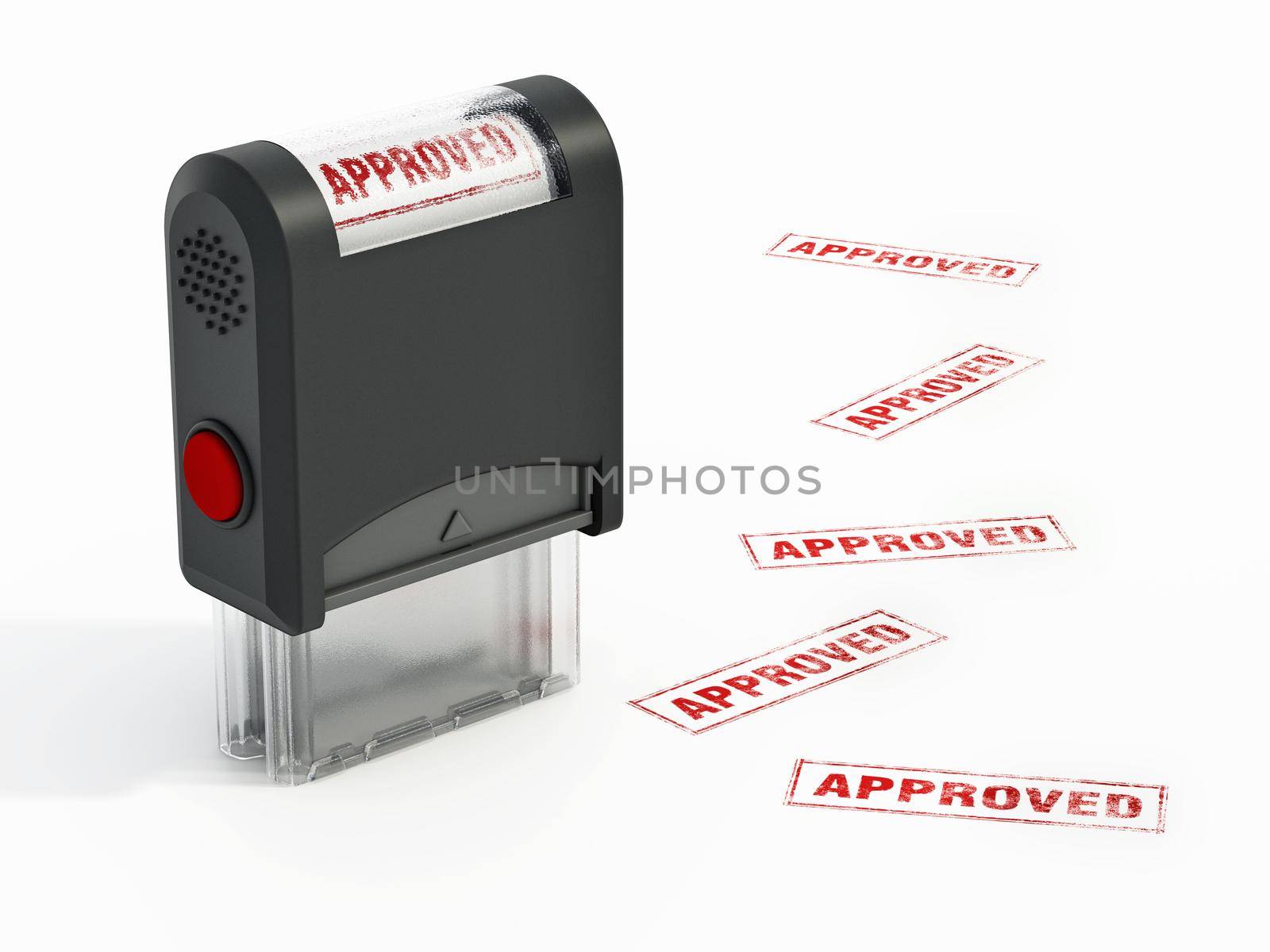 Rubber stamp with approved seal. 3D illustration.