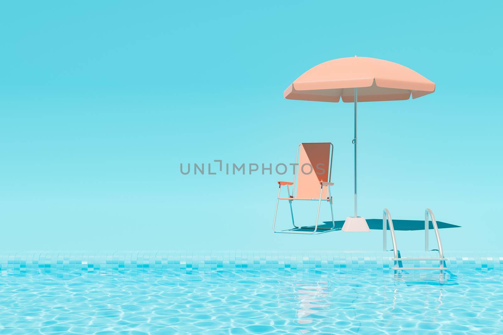 3D illustration of peach deckchair and umbrella located on turquoise poolside near ladder and clean water on summer weekend day