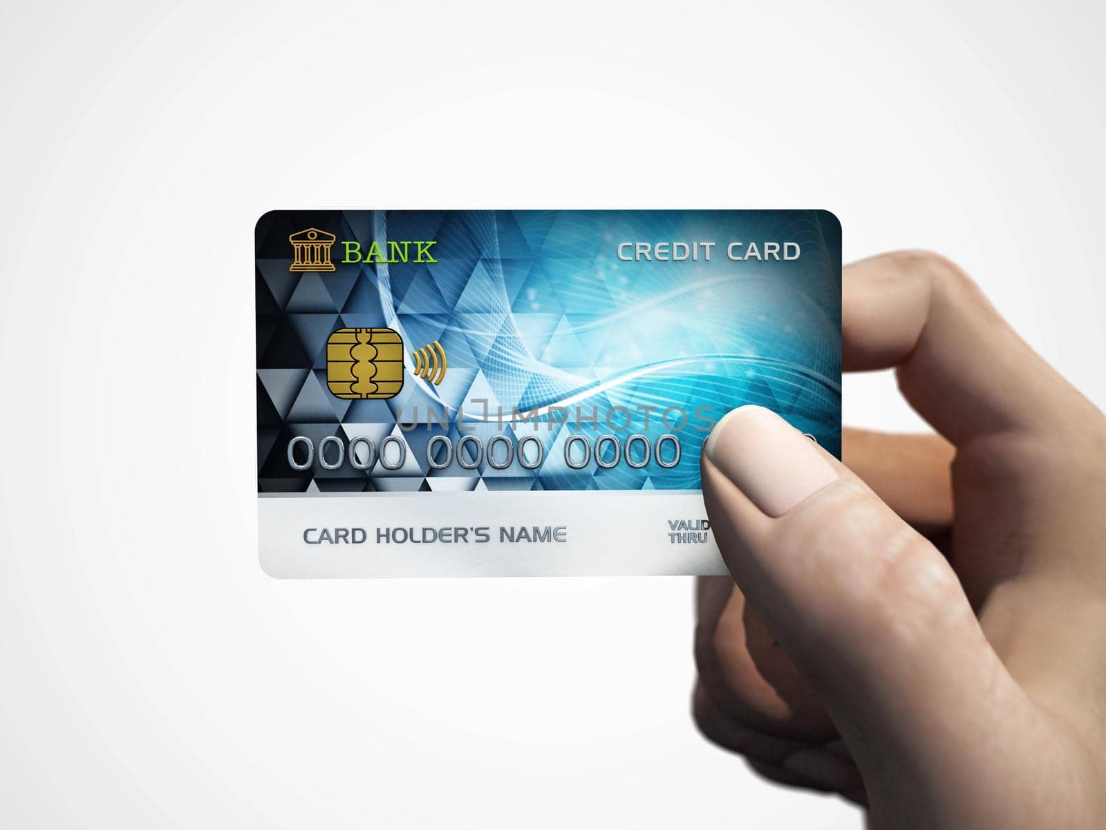 Generic credit card in hand. 3D illustration by Simsek