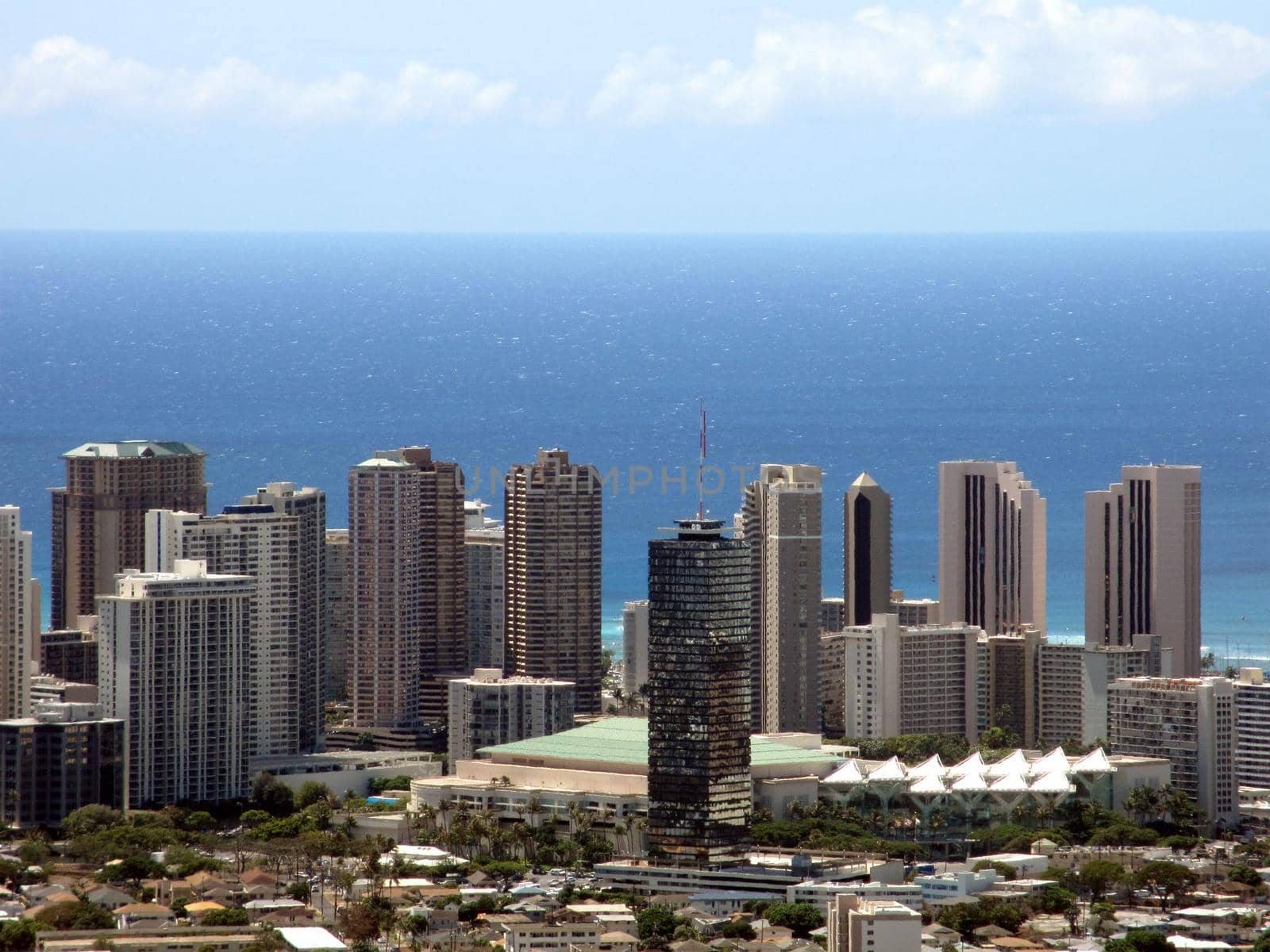 Convention Center, Waikiki, and Honolulu Landscape with view of Pacific Ocean on a great day on the island of Oahu in the state of Hawaii.                               