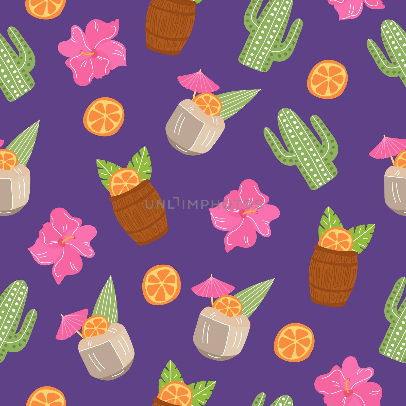 Vector seamless tiki drinks pattern on violet. Seamless pattern with cocktails by natali_brill