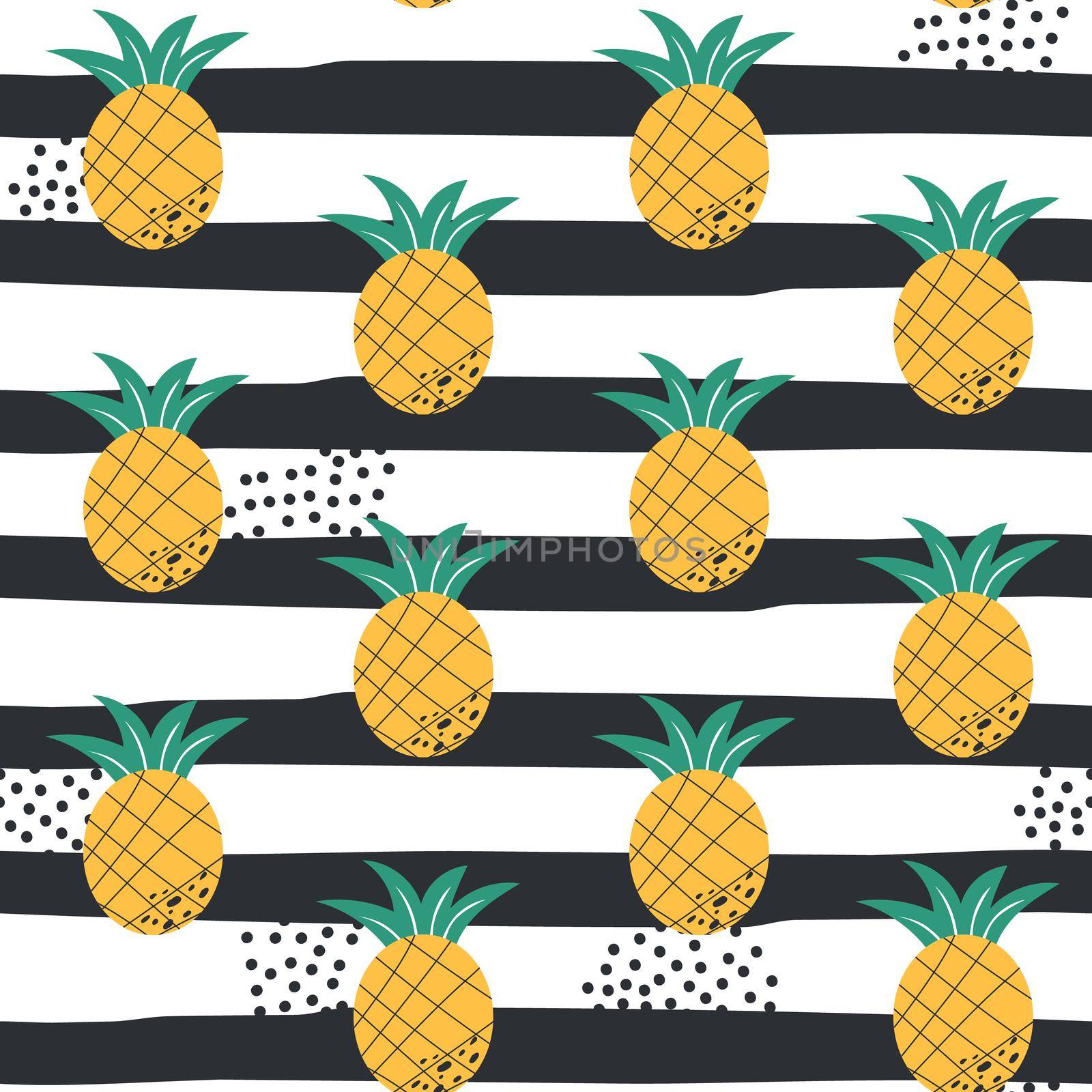 Vector seamless summer pattern with pineapples on black and white striped background. Hand drawn style pattern