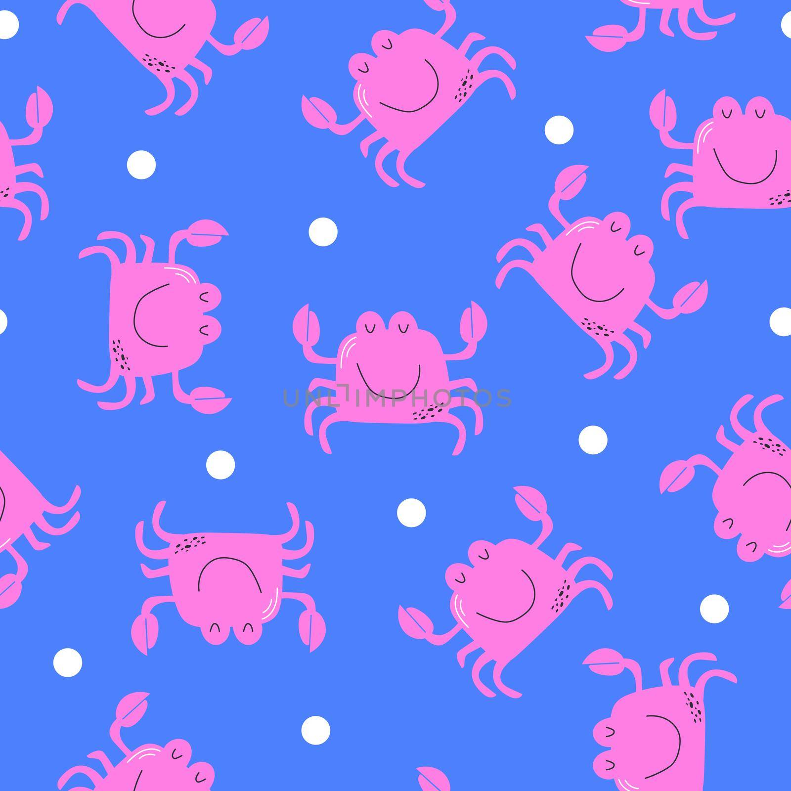 Vector seamless pattern with pink crabs on blue background. Funny crab. Cute children drawing. Flat cartoon illustration