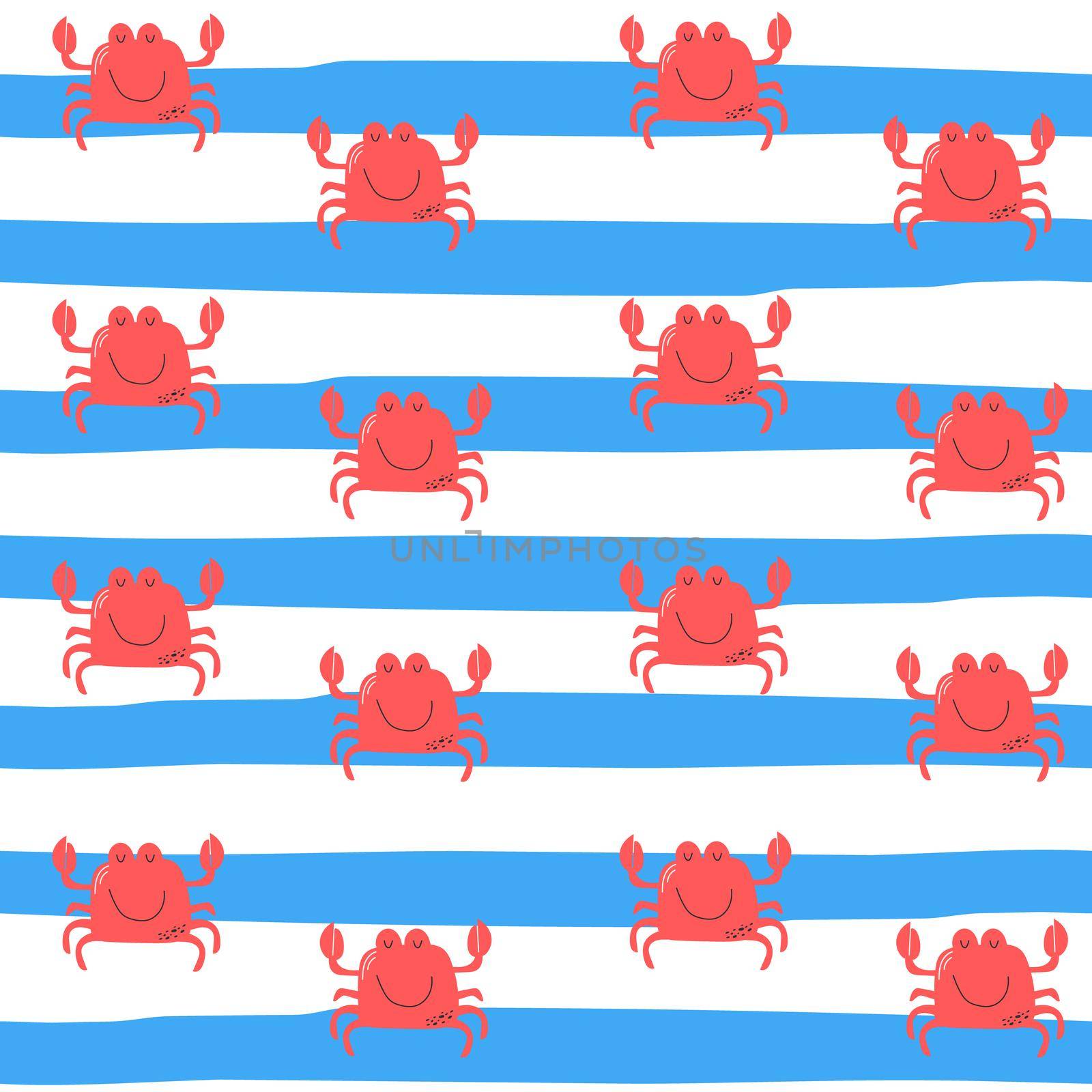 Trendy red ocean crab with blue stripes - seamless pattern illustration by natali_brill