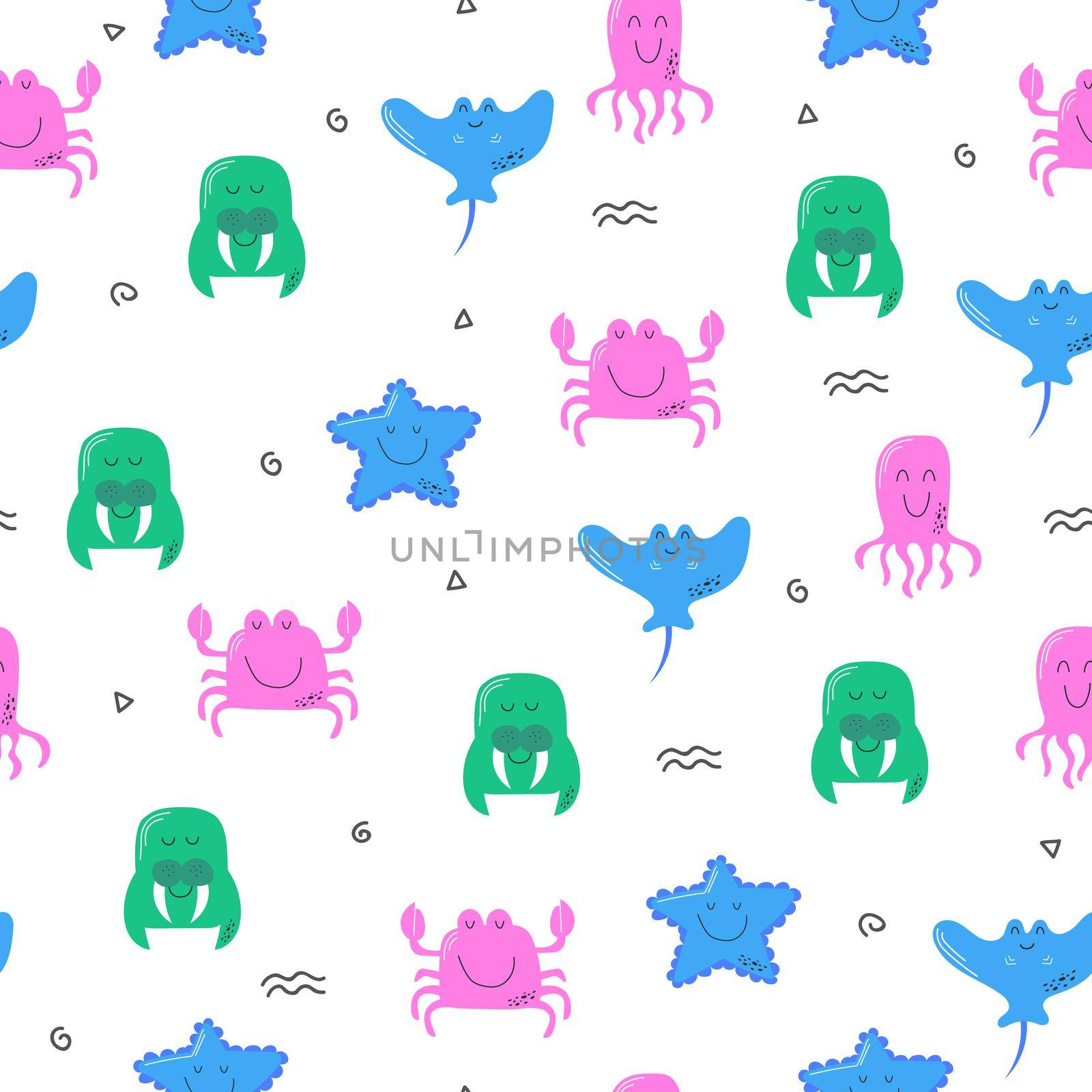 Seamless pattern with cute sea and ocean animals. Repeat design with sea creatures. Vector cartoon illustration on white.