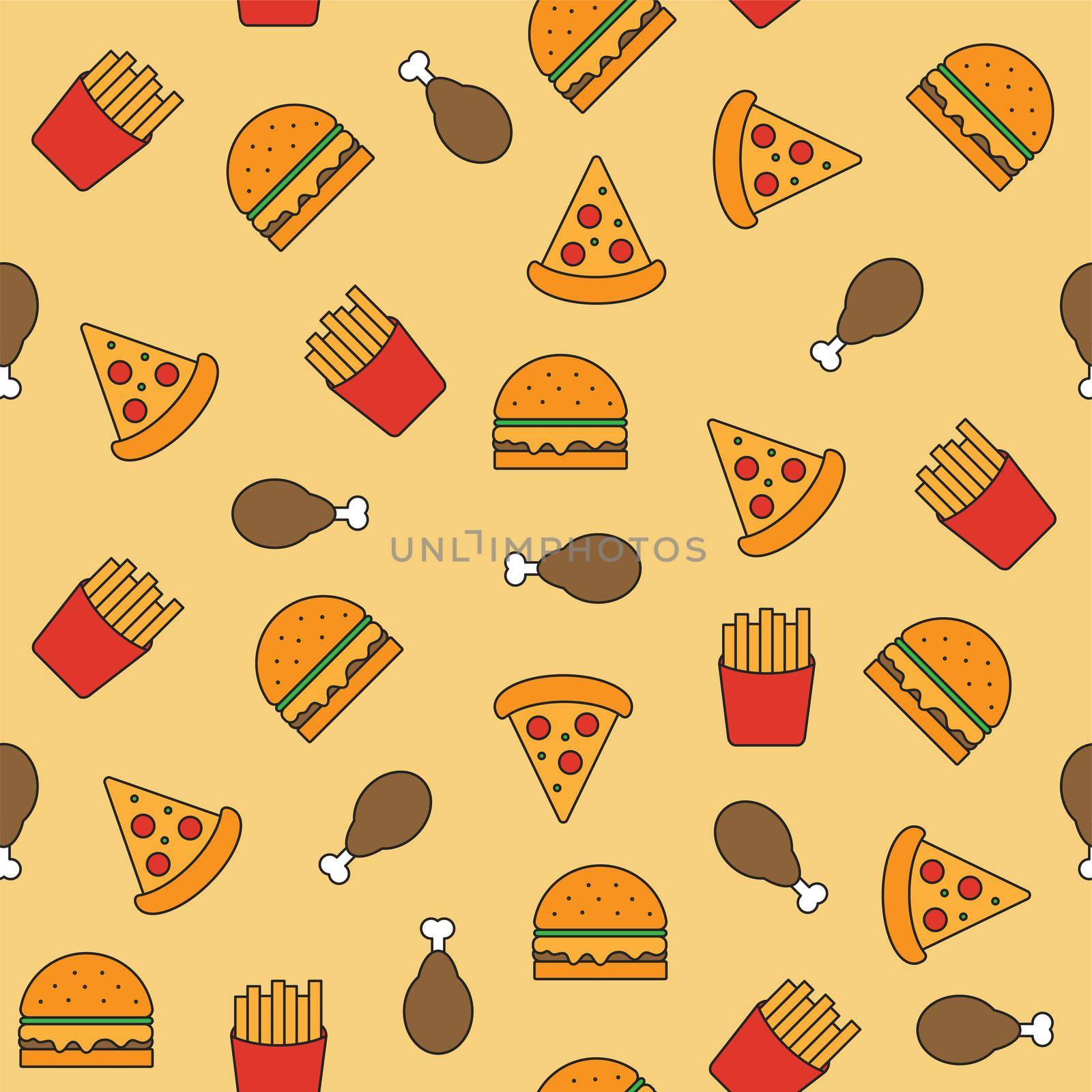 Fast food seamless pattern. Food pattern with burger, pizza, french fries, fried chicken on yellow