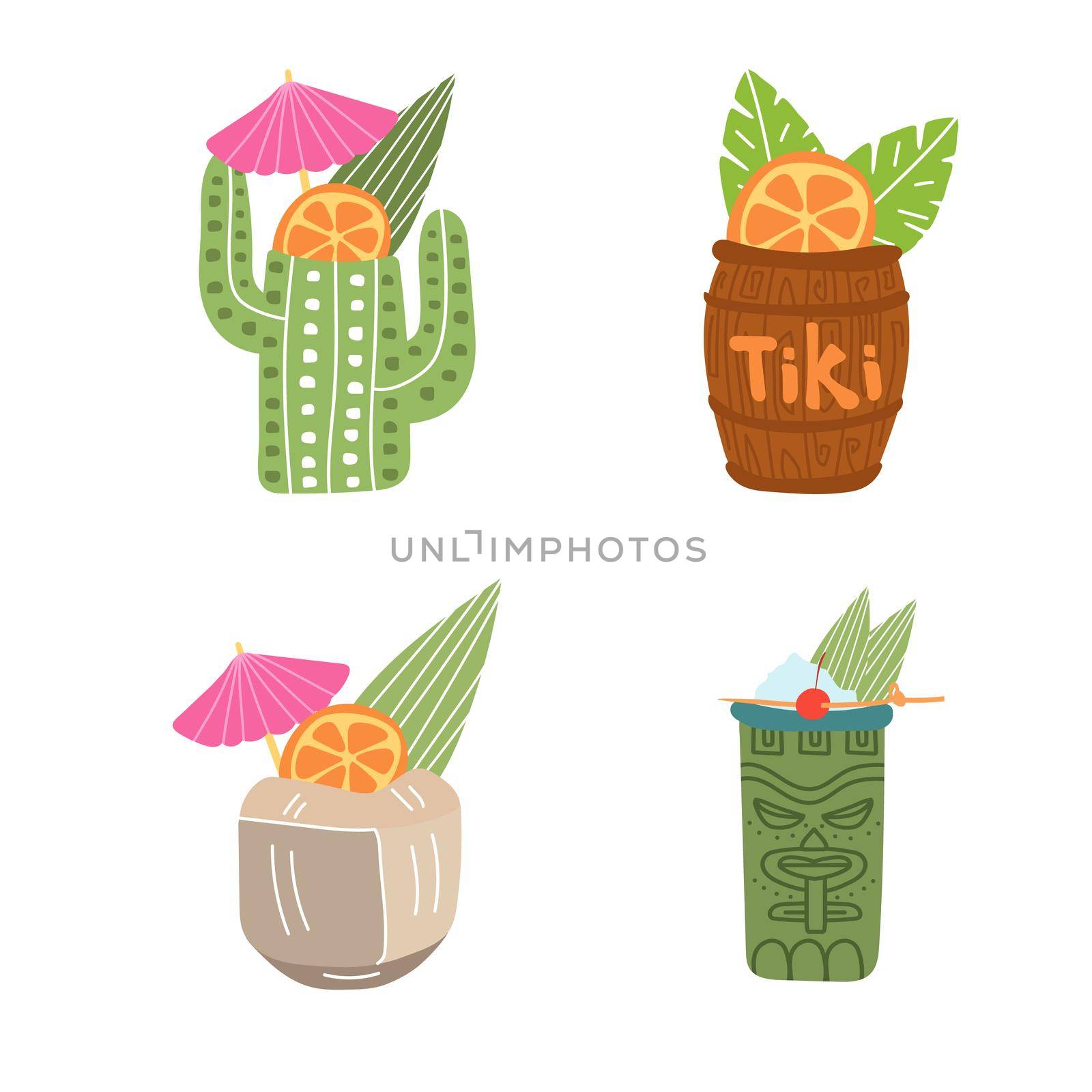 Vector tiki cocktails illustration set isolated on white background. Hand drawn icons set for summer bar menu