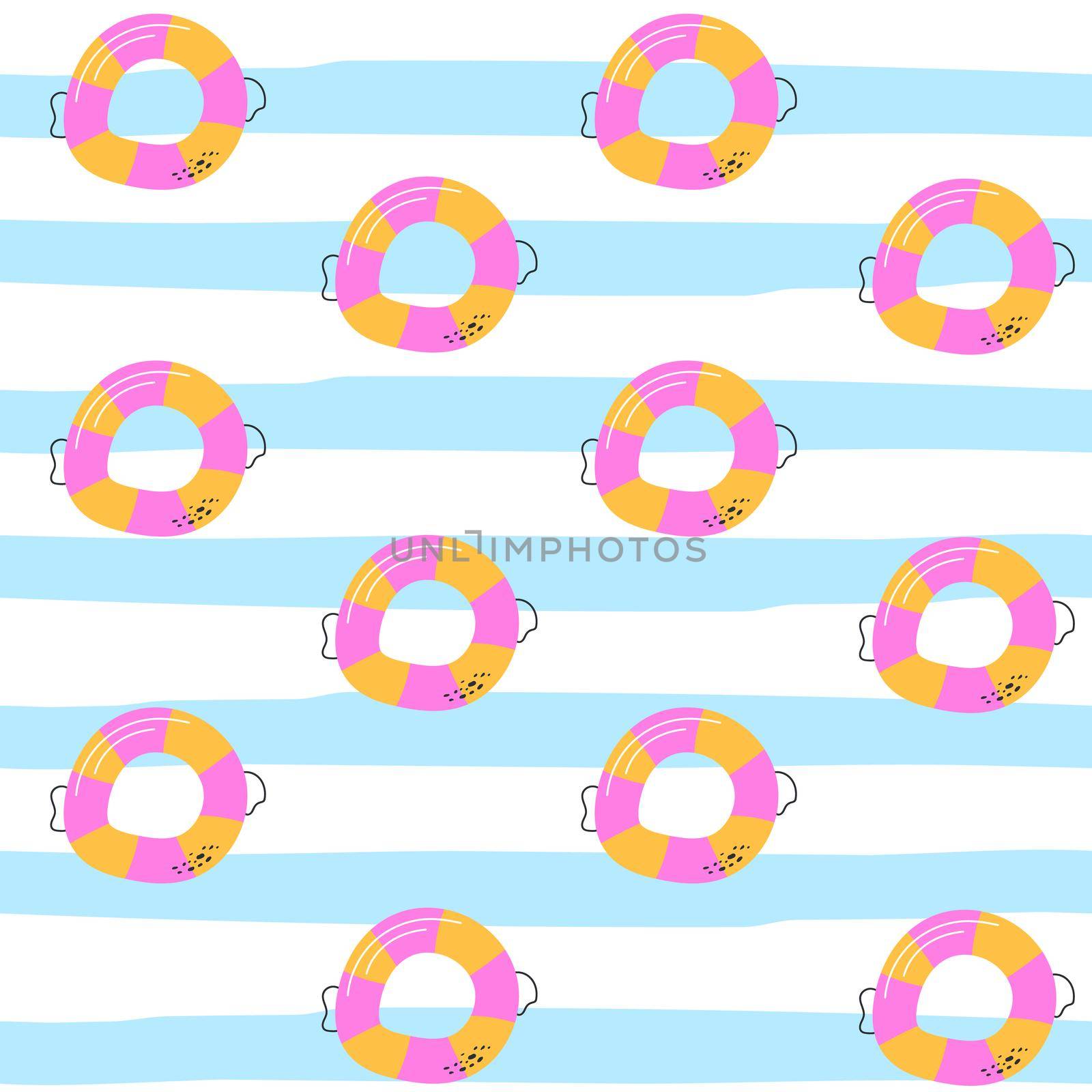 Seamless pattern with ring life buoy on blue and white striped background. Vector illustration.