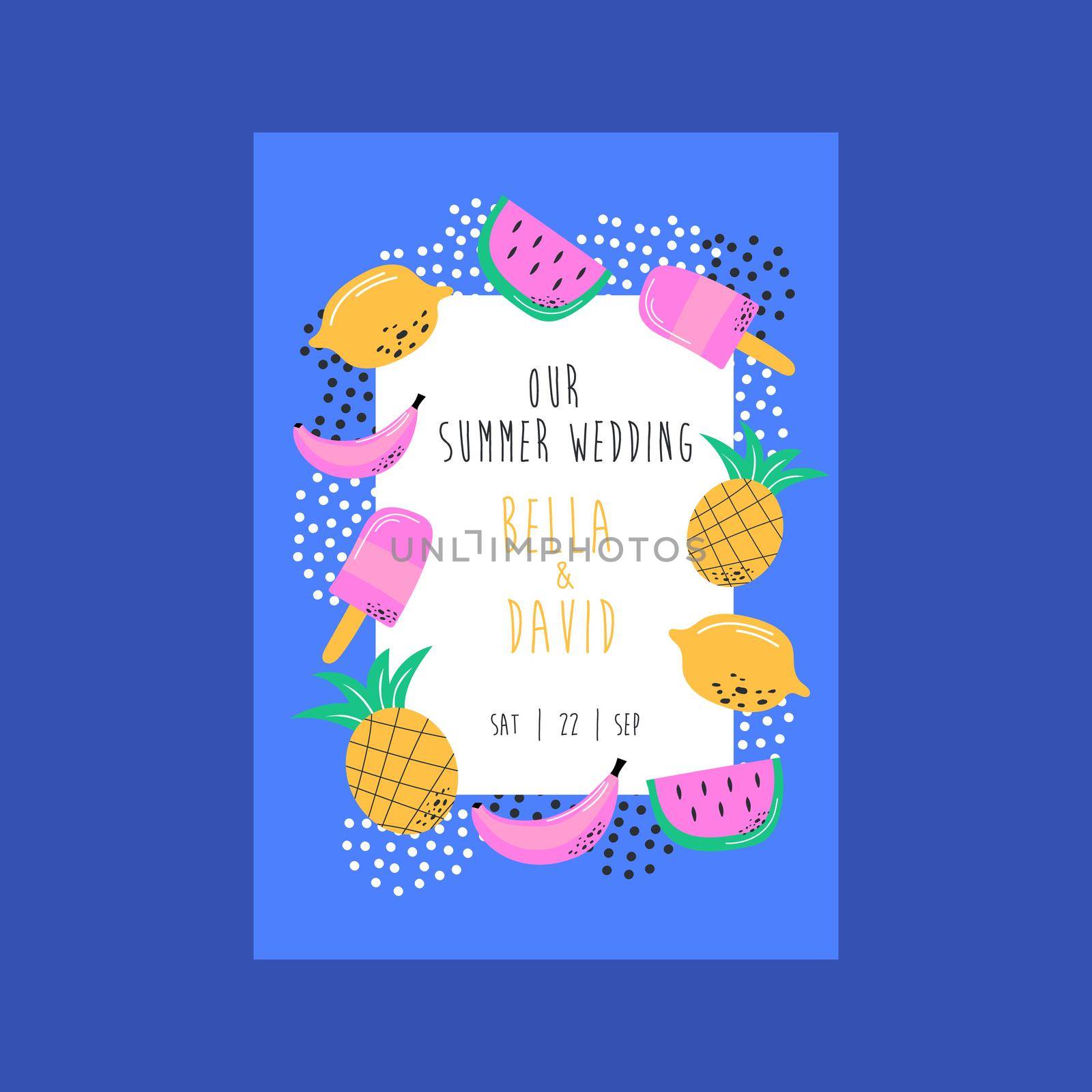 Wedding invitation with fruits. Greeting date card with summer elements. Vector illustration with modern summer colors