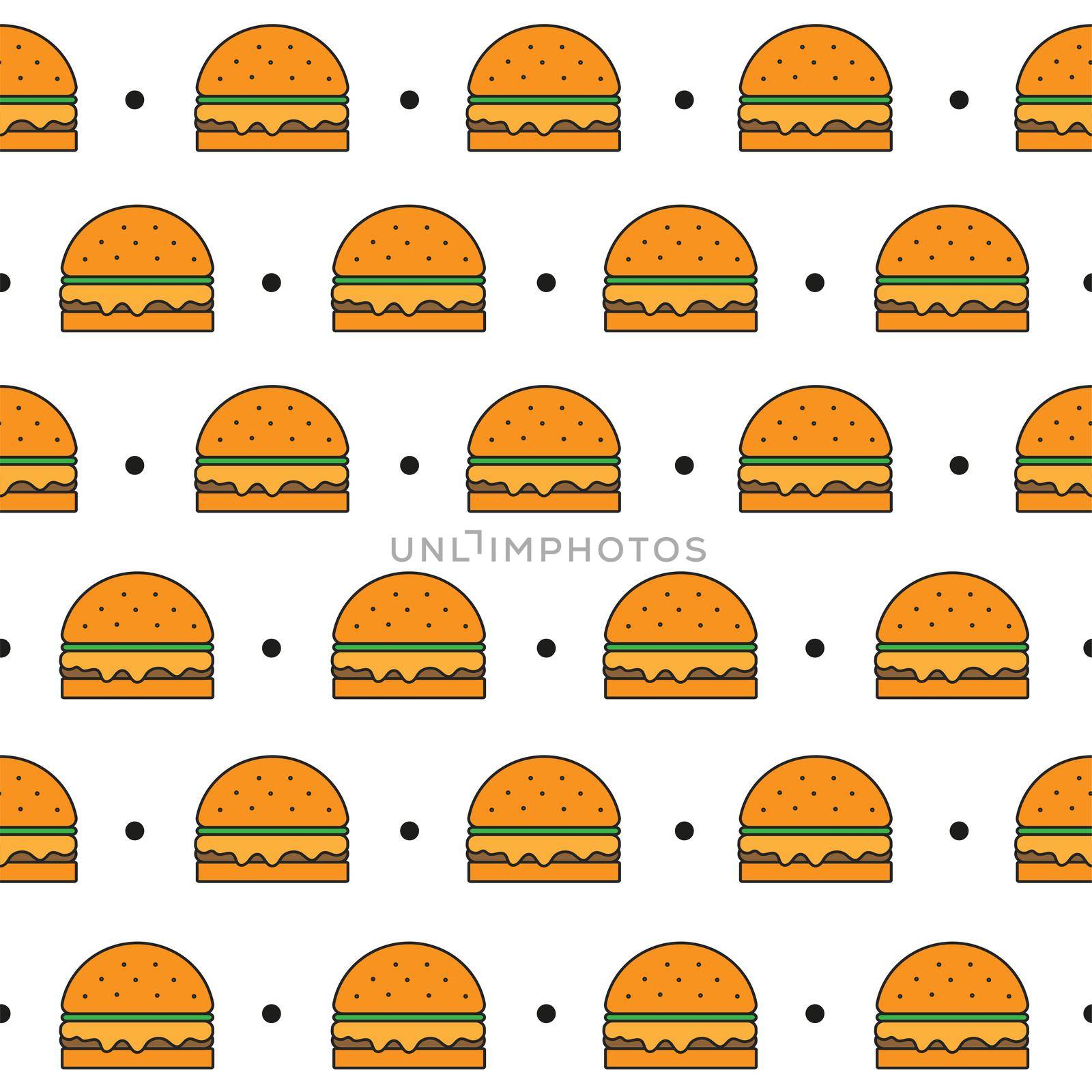 Seamless pattern with burger on white background. Fast food, street takeaway junk food. Vector illustration