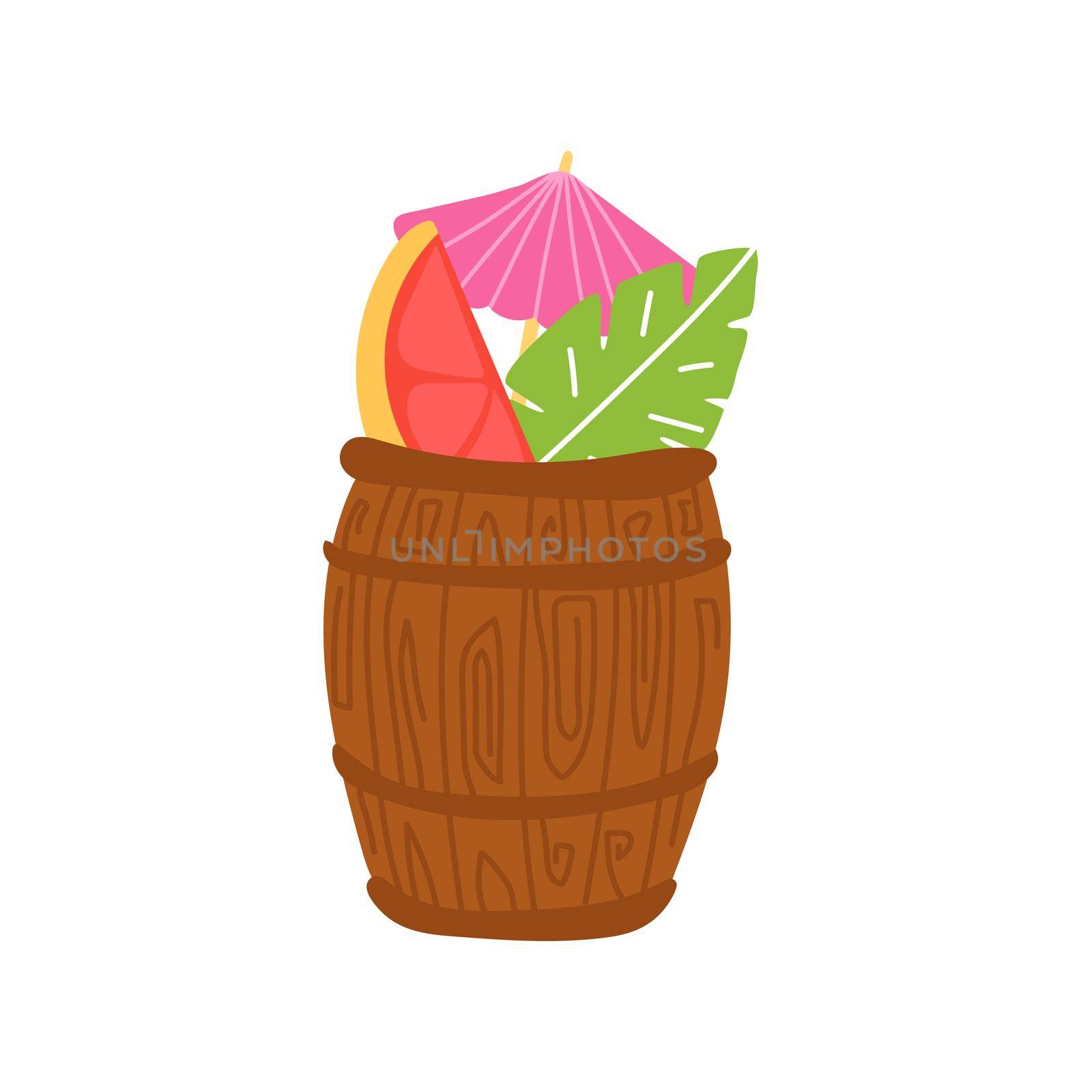 Tiki cocktail in a brown barrel glass with a piece of grapefruit. Citrus bar cocktail. Summer drink, alcohol. Icon on white