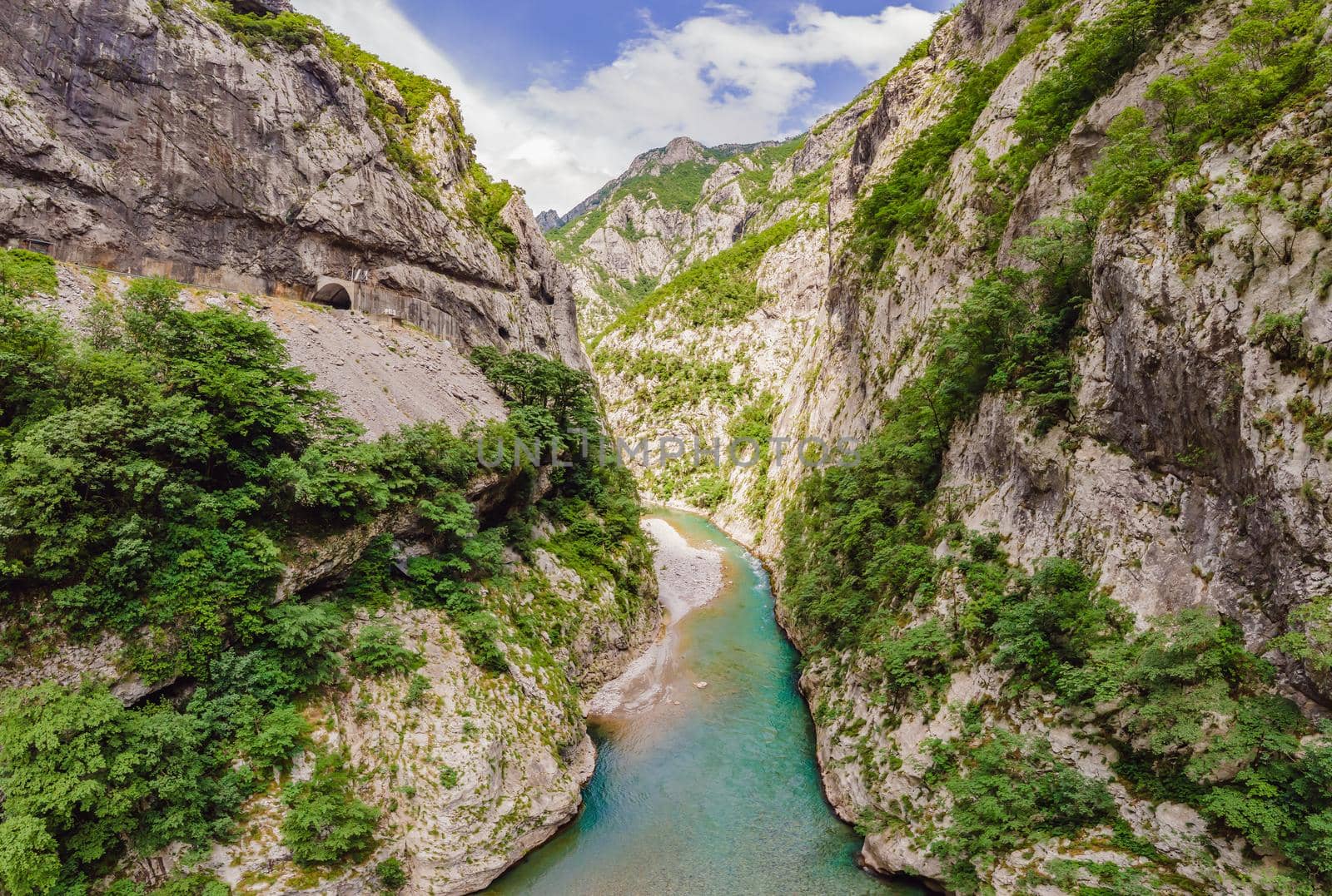 The purest waters of the turquoise color of the river Moraca flowing among the canyons. Travel around Montenegro concept.