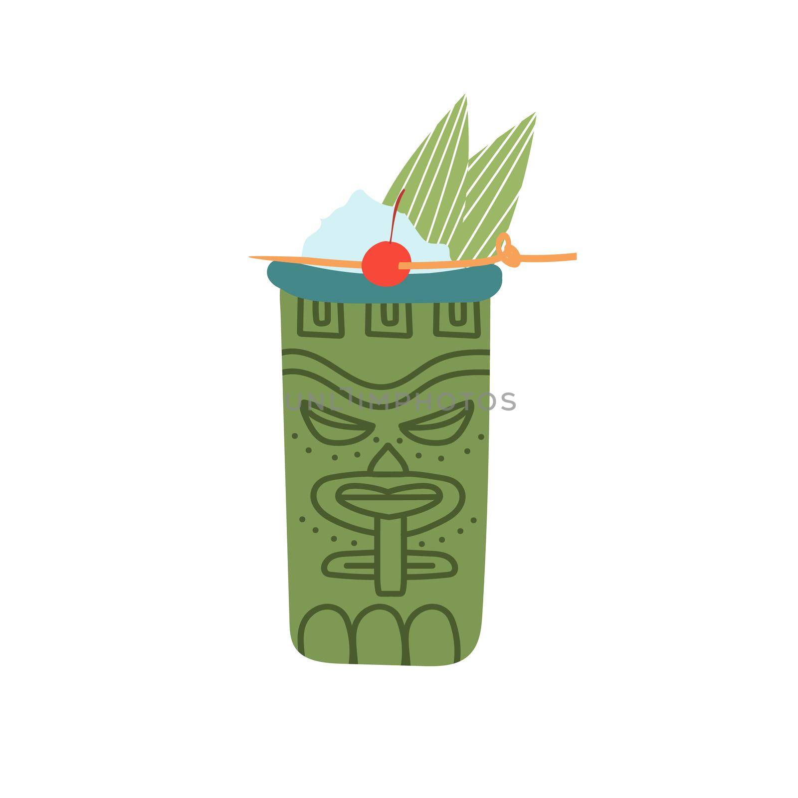 Hand-drawn doodle cartoon style vector. Tiki cocktail in the Idol face glass by natali_brill