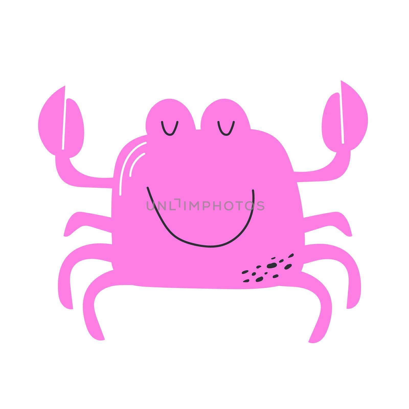Funny pink crab. Cute children drawing. Flat cartoon illustration on white
