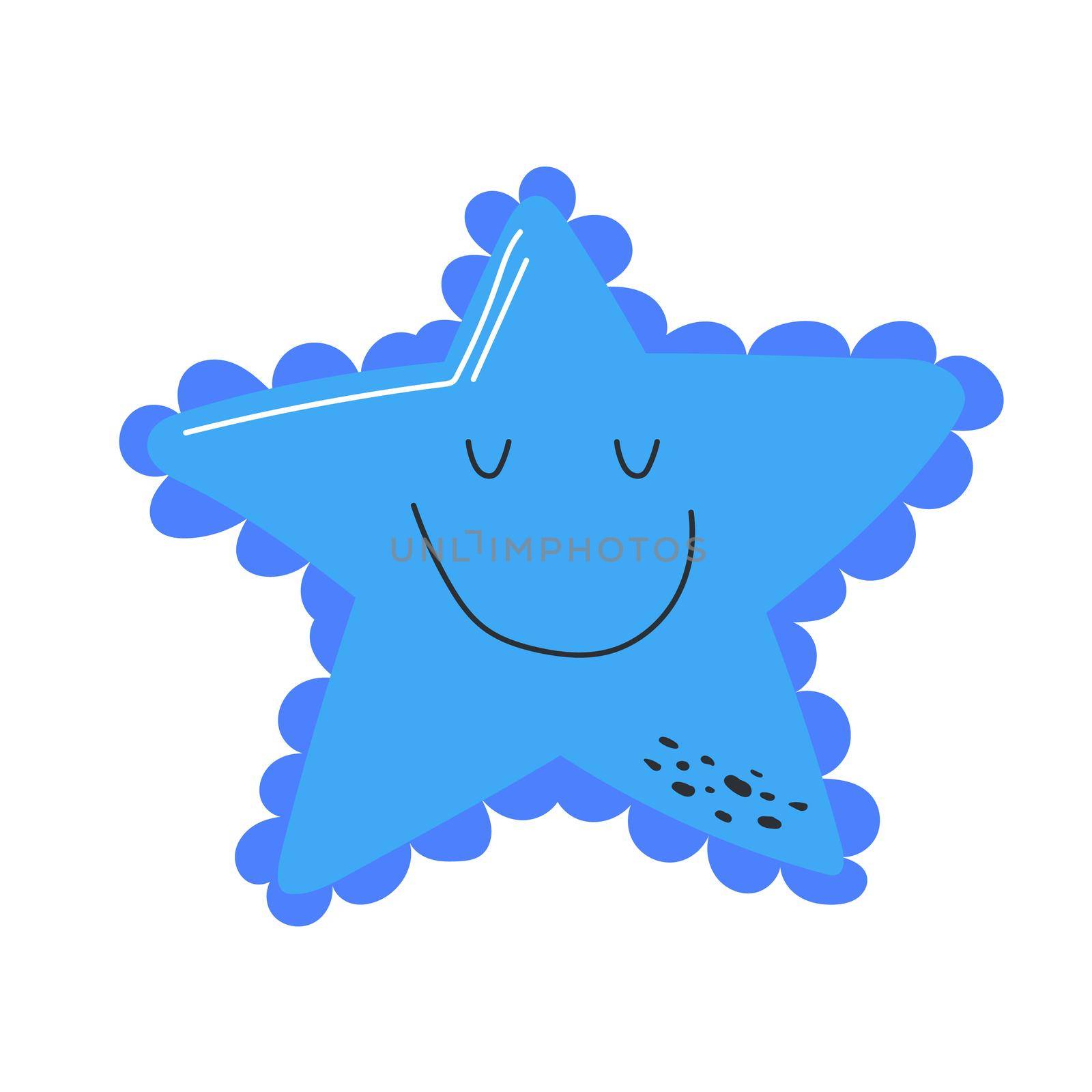 Starfish sea, vector isolated, hand drawing sketch in blue color. Cute character with face