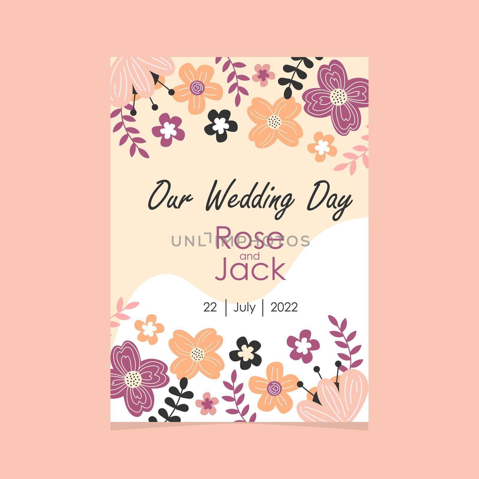Wedding invitation template in pastel colors. Hand drawn flowers and natural elements. Our wedding day card